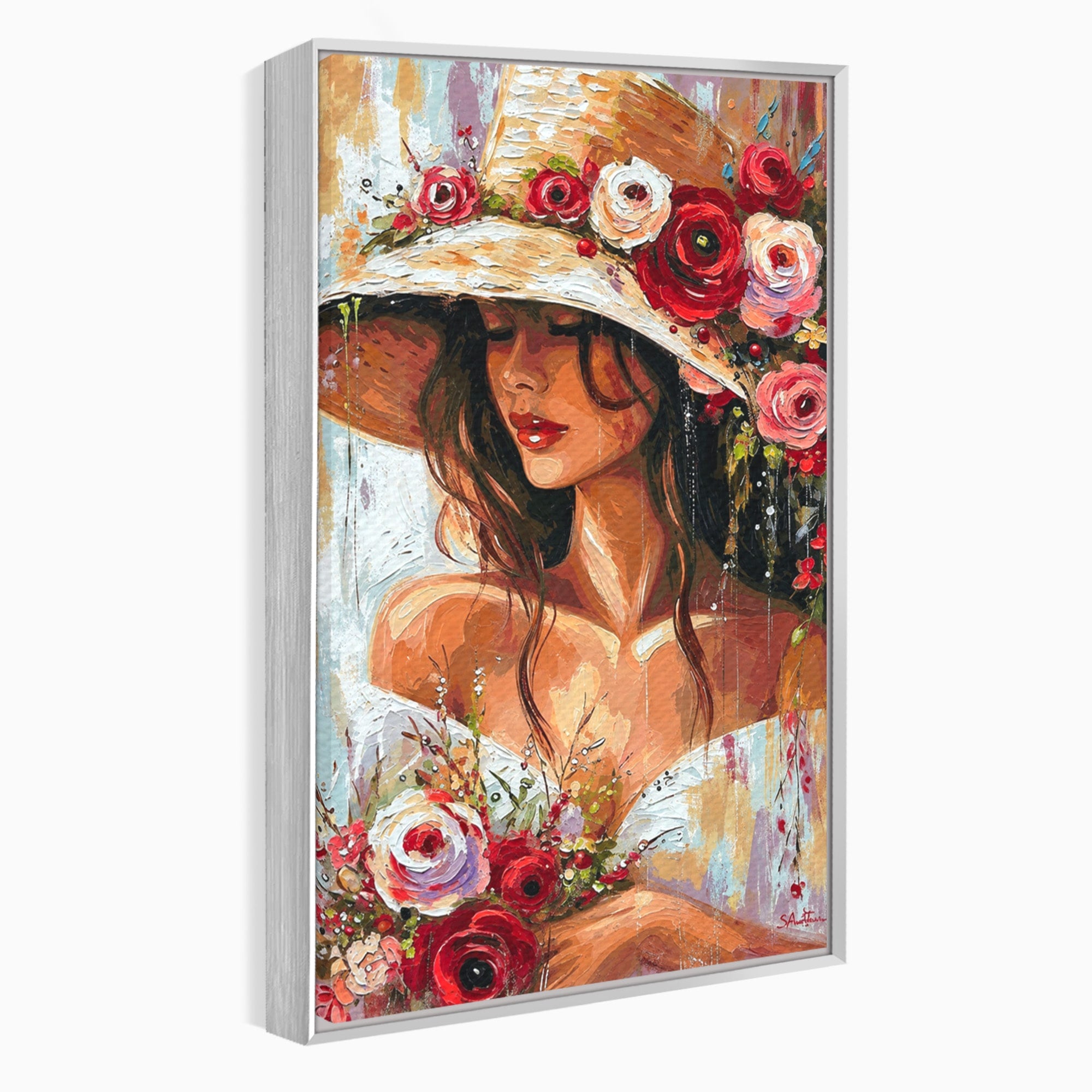 Tablou Canvas Premium LuxCanva® GV1050, Tandretea Florilor, Femeie, Flori, Portret, Eleganta, Dormitor, Living, Culori Vibrante