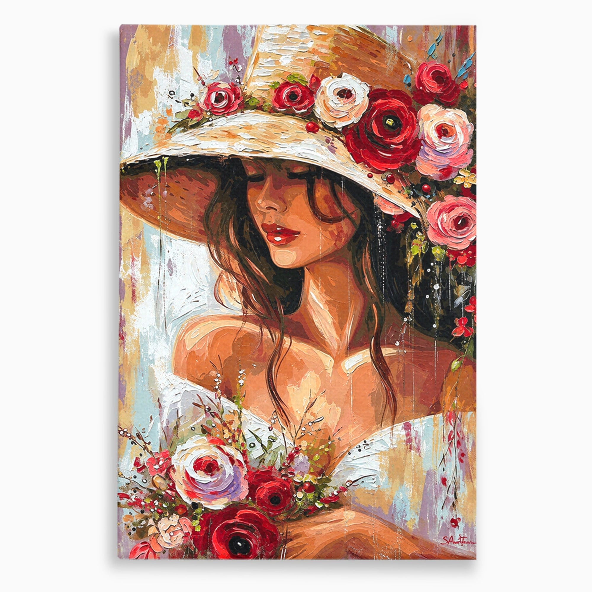 Tablou Canvas Premium LuxCanva® GV1050, Tandretea Florilor, Femeie, Flori, Portret, Eleganta, Dormitor, Living, Culori Vibrante