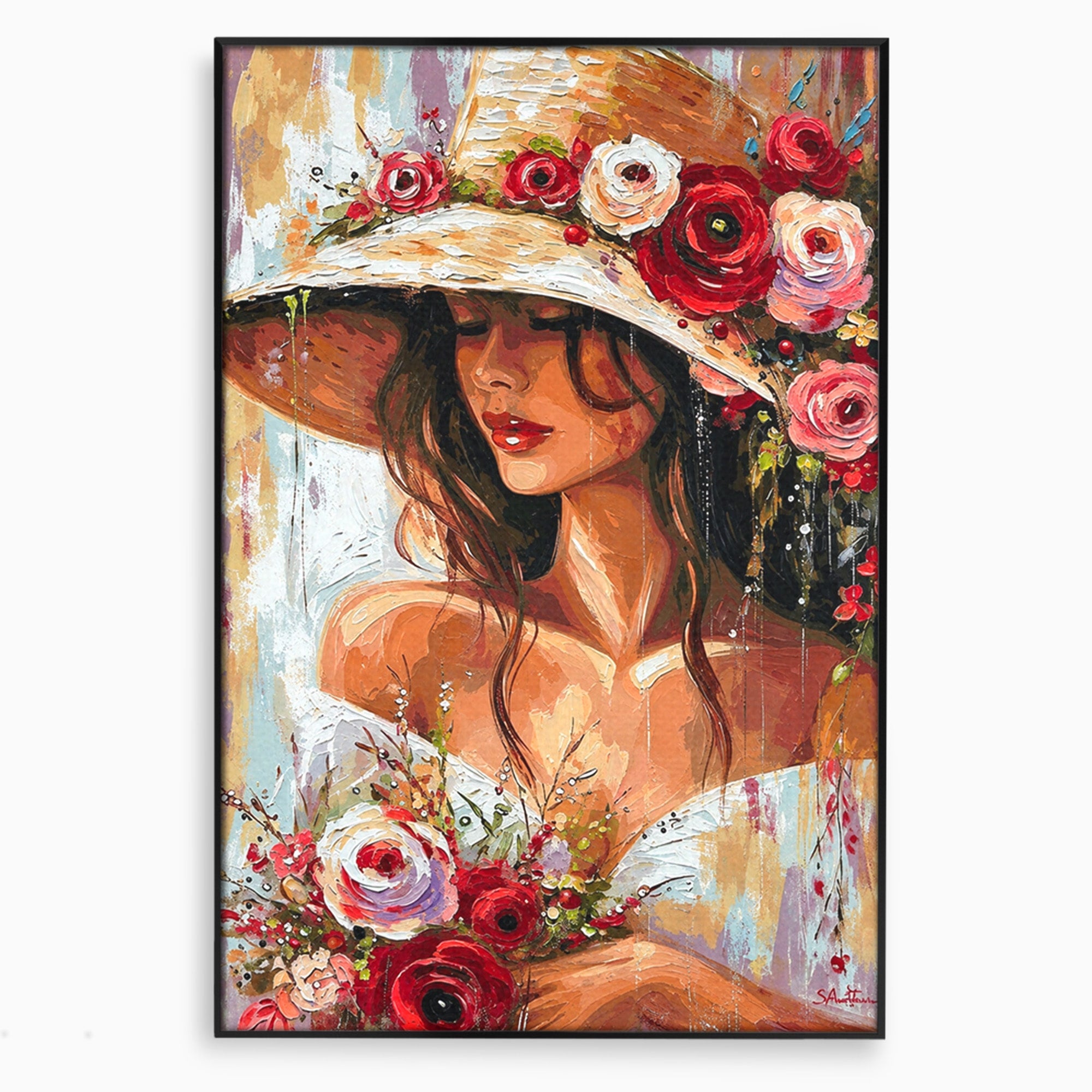 Tablou Canvas Premium LuxCanva® GV1050, Tandretea Florilor, Femeie, Flori, Portret, Eleganta, Dormitor, Living, Culori Vibrante