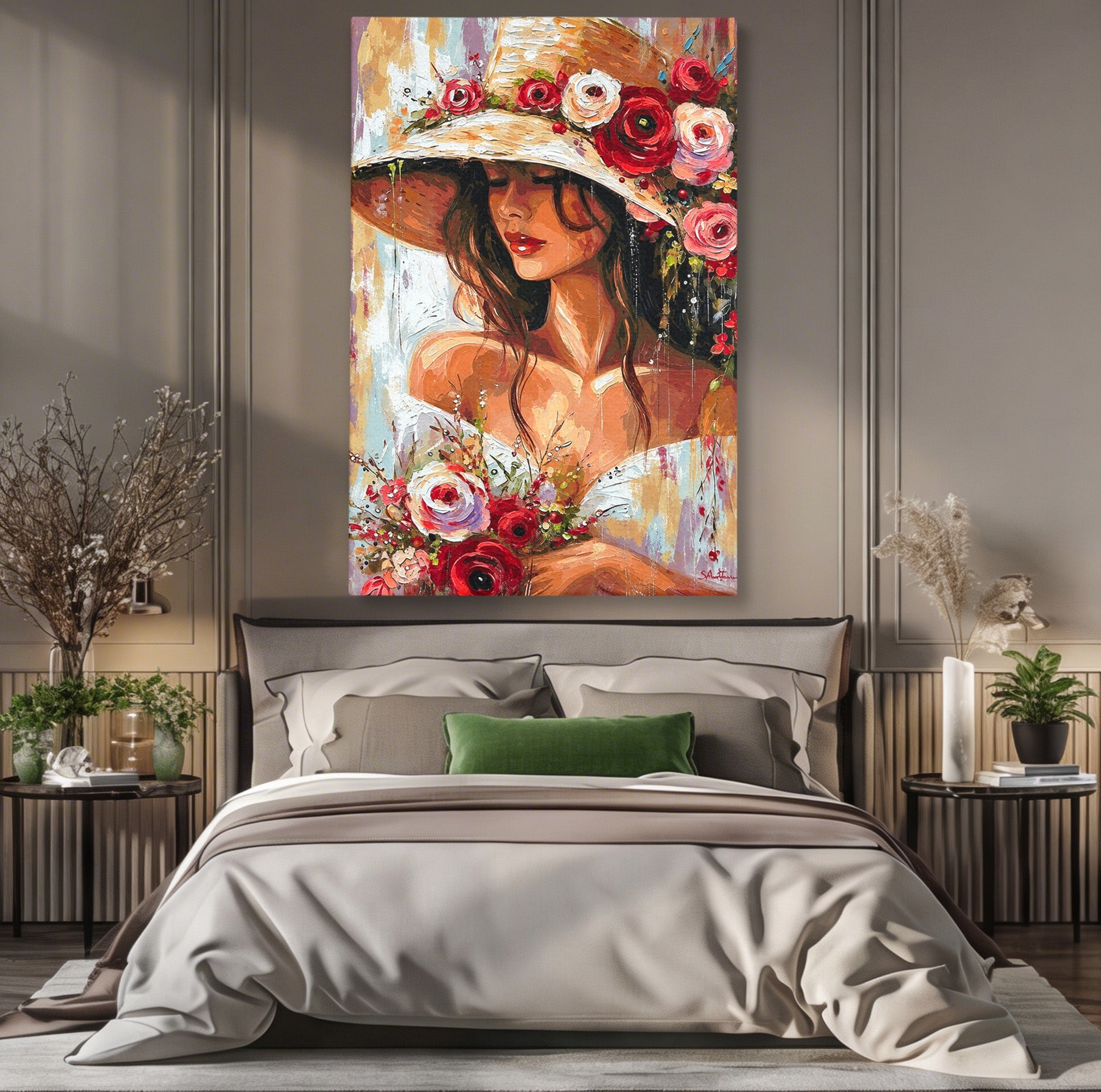 Tablou Canvas Premium LuxCanva® GV1050, Tandretea Florilor, Femeie, Flori, Portret, Eleganta, Dormitor, Living, Culori Vibrante