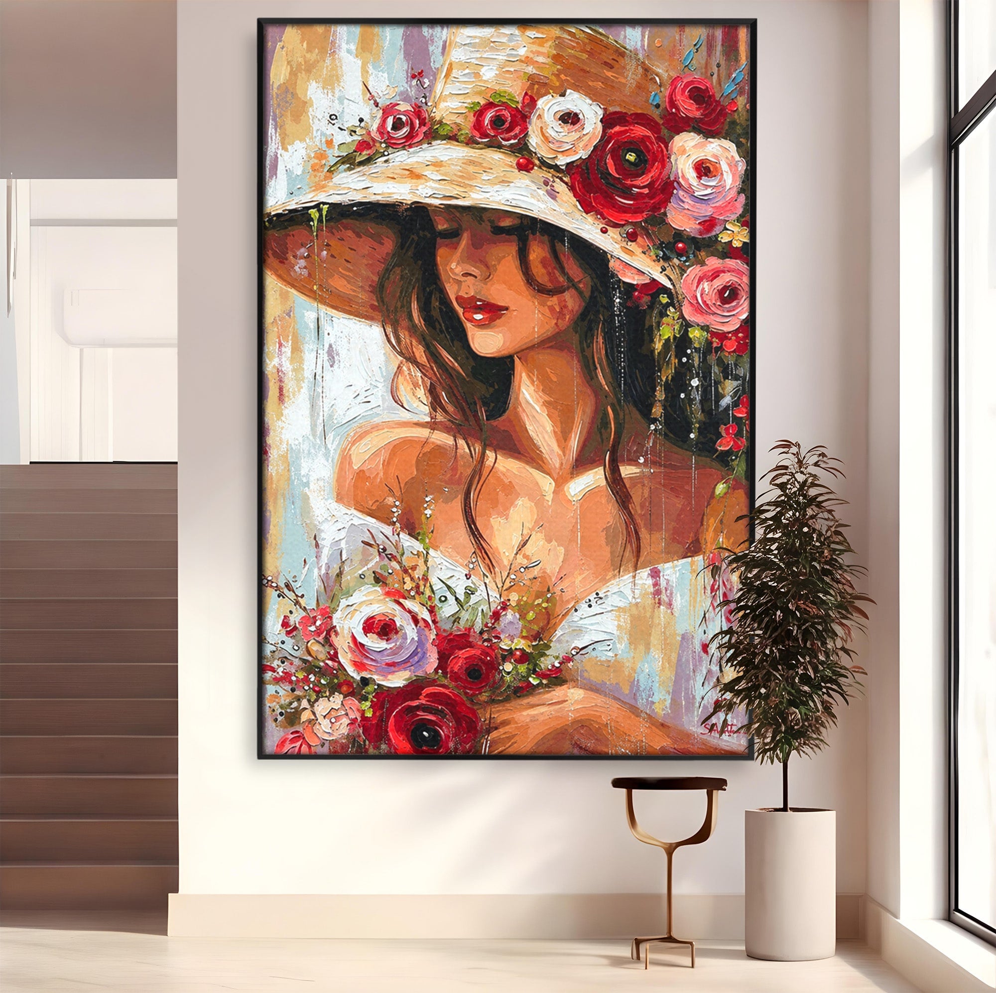 Tablou Canvas Premium LuxCanva® GV1050, Tandretea Florilor, Femeie, Flori, Portret, Eleganta, Dormitor, Living, Culori Vibrante