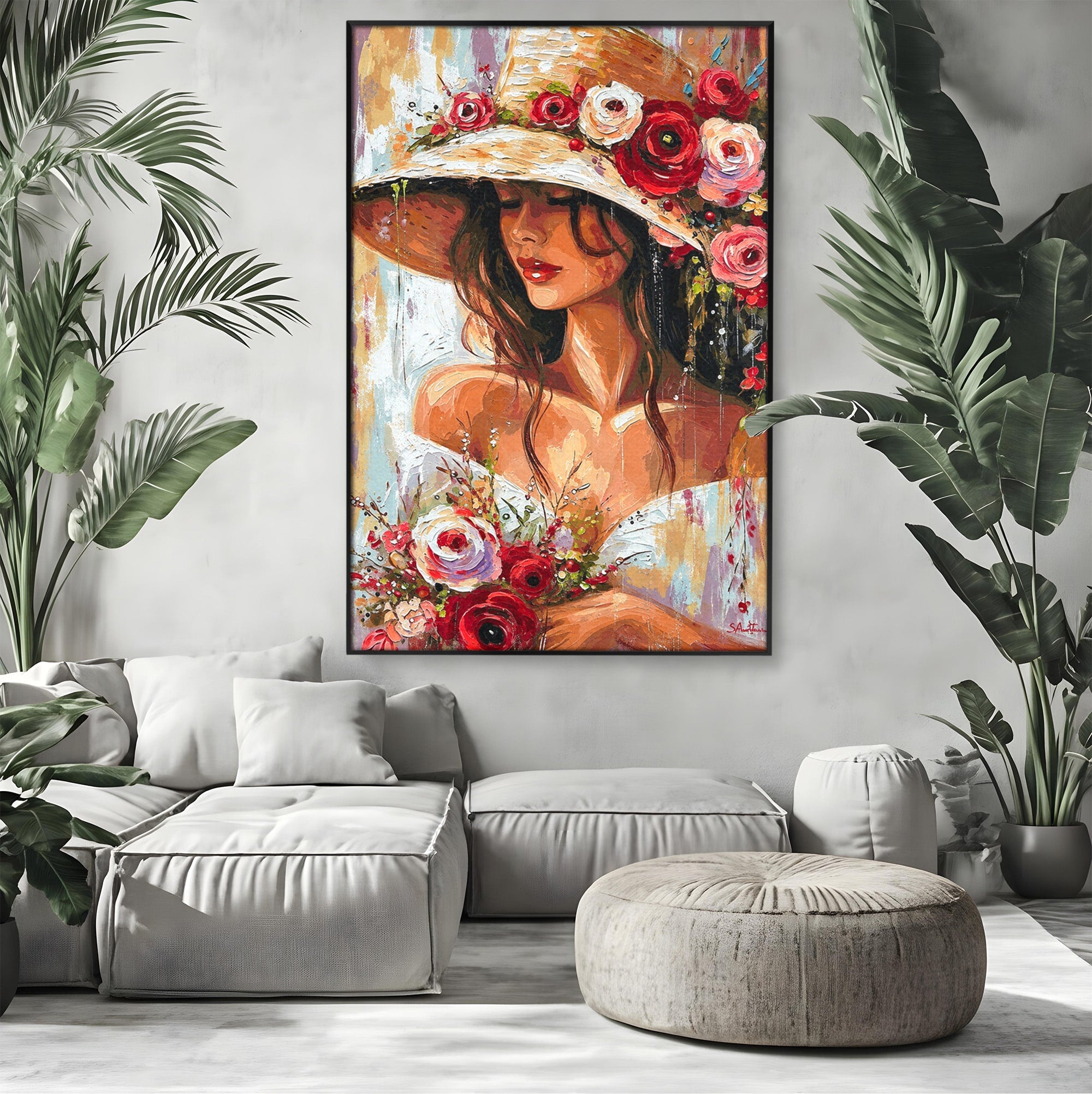 Tablou Canvas Premium LuxCanva® GV1050, Tandretea Florilor, Femeie, Flori, Portret, Eleganta, Dormitor, Living, Culori Vibrante
