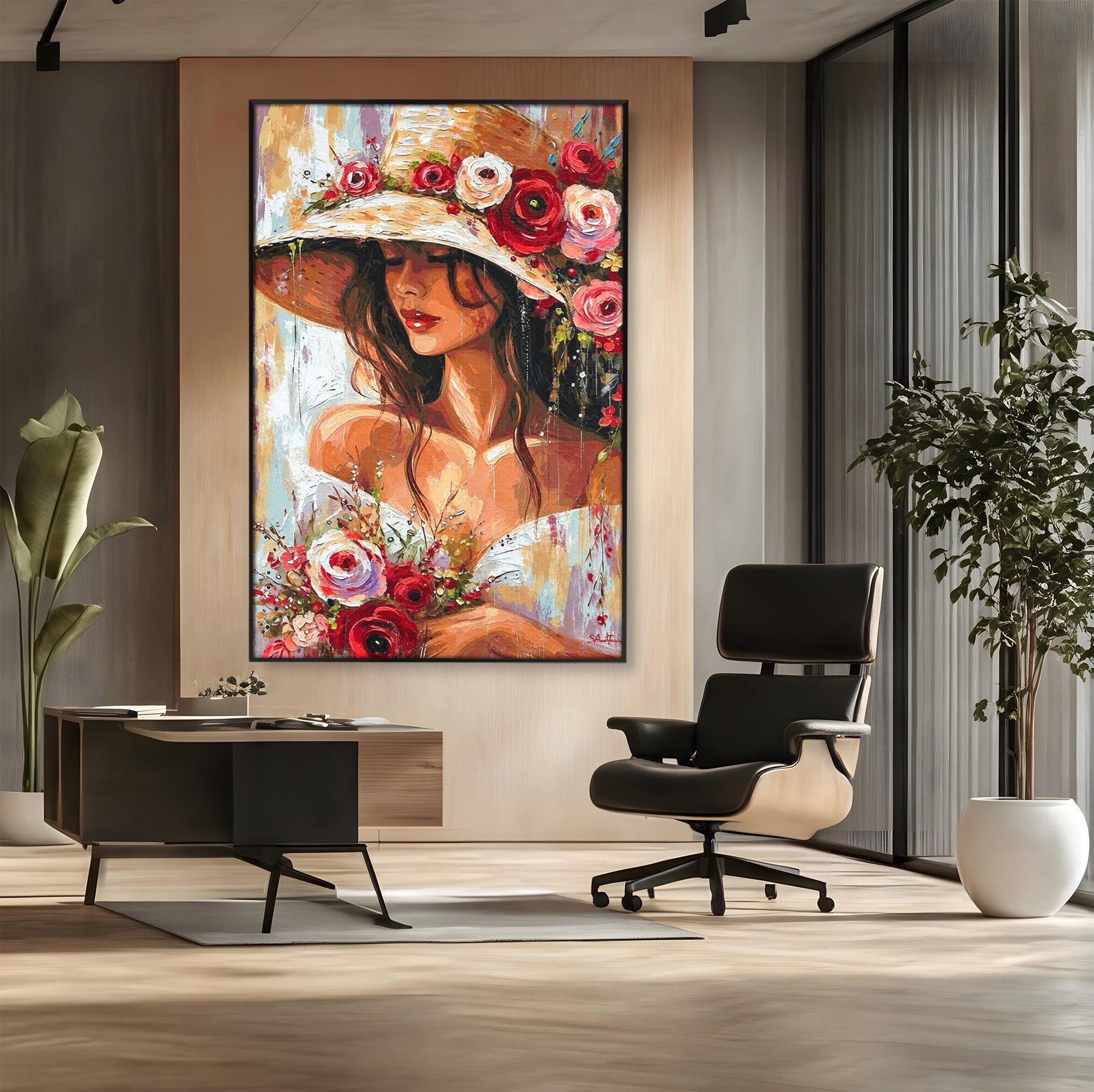 Tablou Canvas Premium LuxCanva® GV1050, Tandretea Florilor, Femeie, Flori, Portret, Eleganta, Dormitor, Living, Culori Vibrante