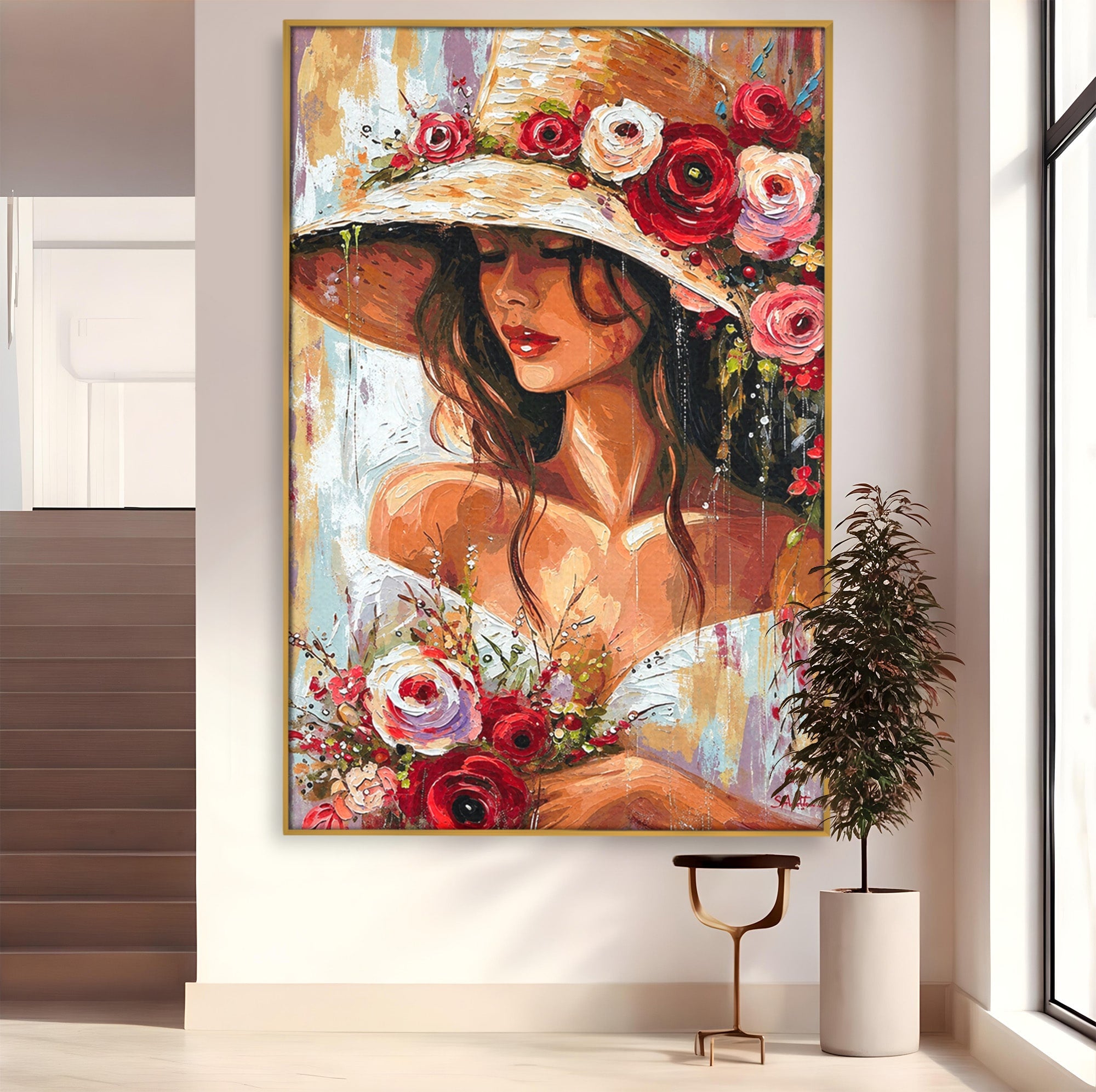 Tablou Canvas Premium LuxCanva® GV1050, Tandretea Florilor, Femeie, Flori, Portret, Eleganta, Dormitor, Living, Culori Vibrante