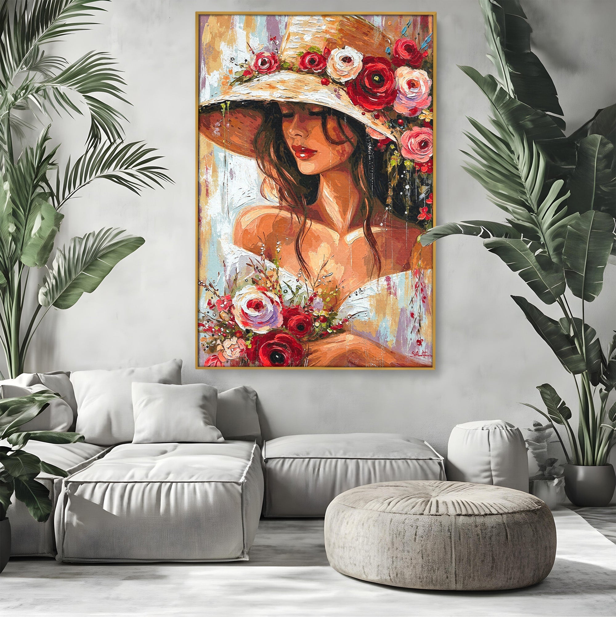 Tablou Canvas Premium LuxCanva® GV1050, Tandretea Florilor, Femeie, Flori, Portret, Eleganta, Dormitor, Living, Culori Vibrante
