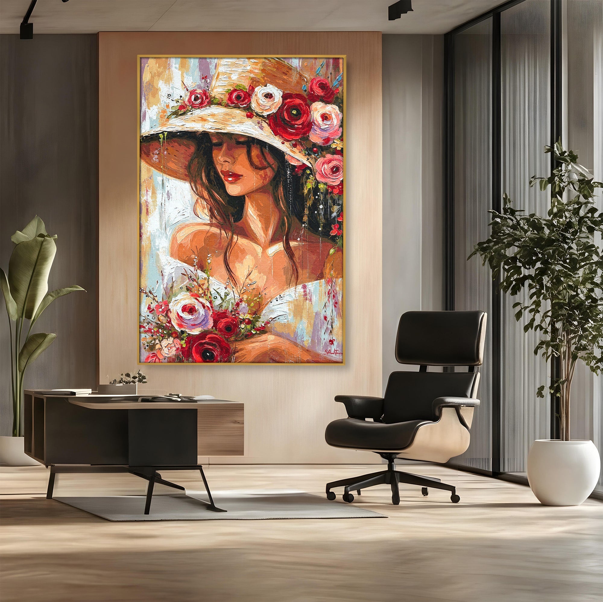 Tablou Canvas Premium LuxCanva® GV1050, Tandretea Florilor, Femeie, Flori, Portret, Eleganta, Dormitor, Living, Culori Vibrante