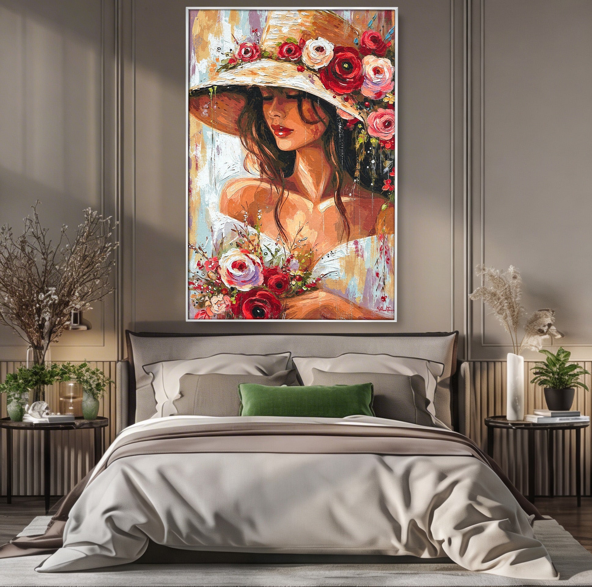 Tablou Canvas Premium LuxCanva® GV1050, Tandretea Florilor, Femeie, Flori, Portret, Eleganta, Dormitor, Living, Culori Vibrante