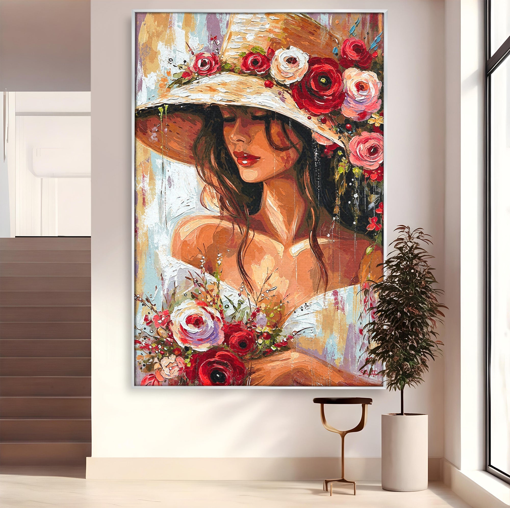 Tablou Canvas Premium LuxCanva® GV1050, Tandretea Florilor, Femeie, Flori, Portret, Eleganta, Dormitor, Living, Culori Vibrante