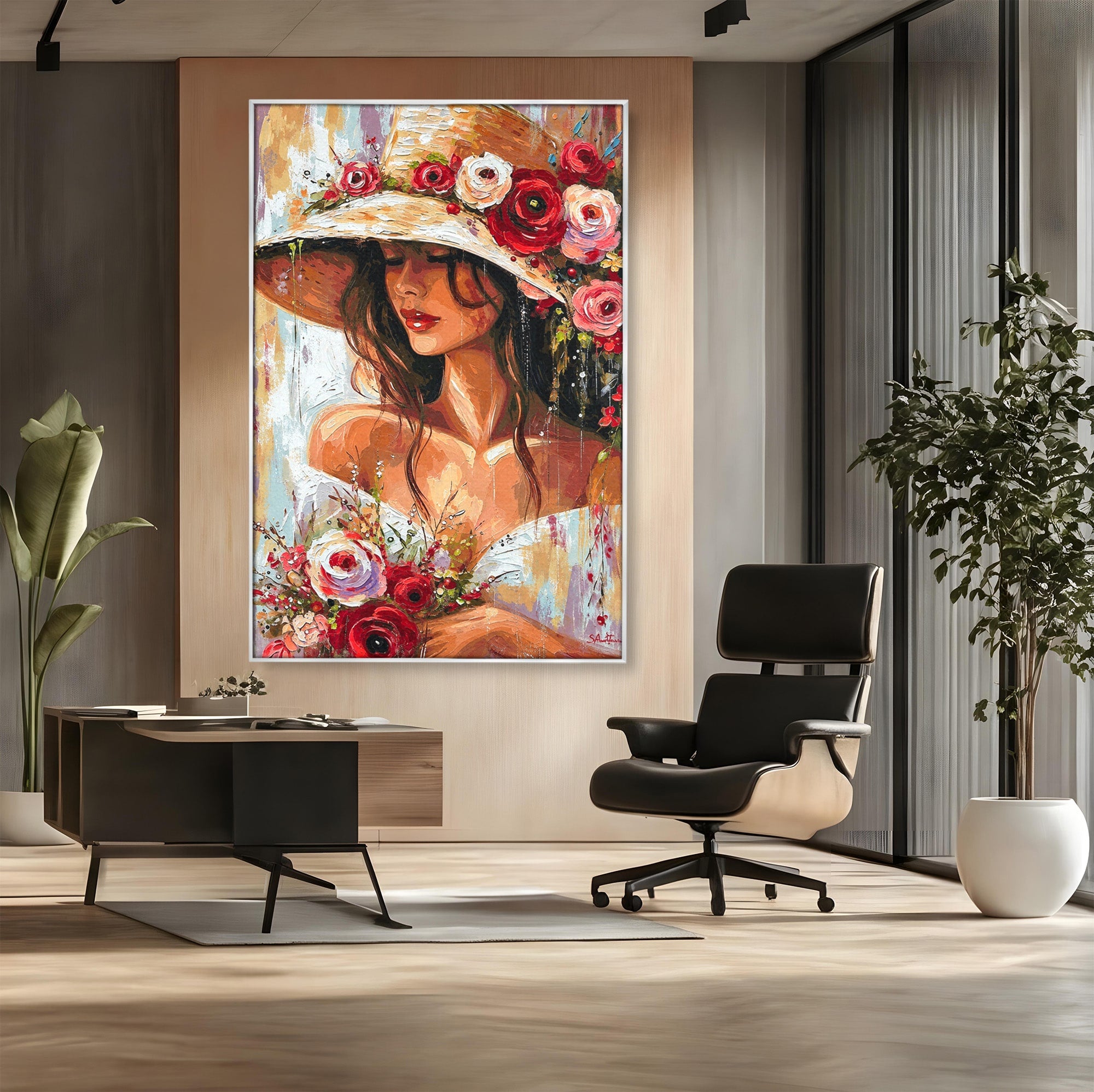 Tablou Canvas Premium LuxCanva® GV1050, Tandretea Florilor, Femeie, Flori, Portret, Eleganta, Dormitor, Living, Culori Vibrante