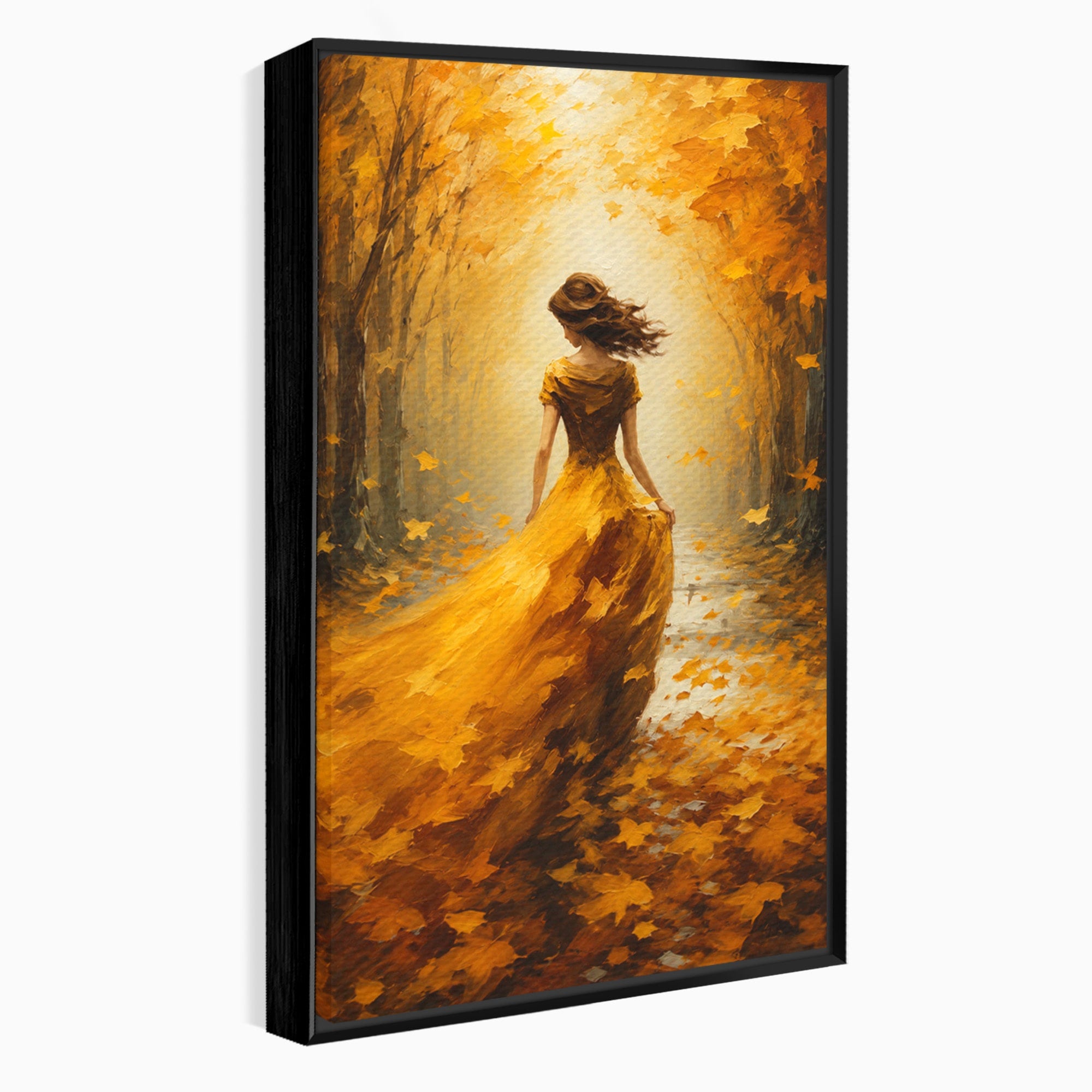 Tablou Canvas Premium LuxCanva® GV1053, Poezia Frunzelor, Femeie, Padure, Toamna, Eleganta, Mister, Living, Dormitor, Culori Vibrante