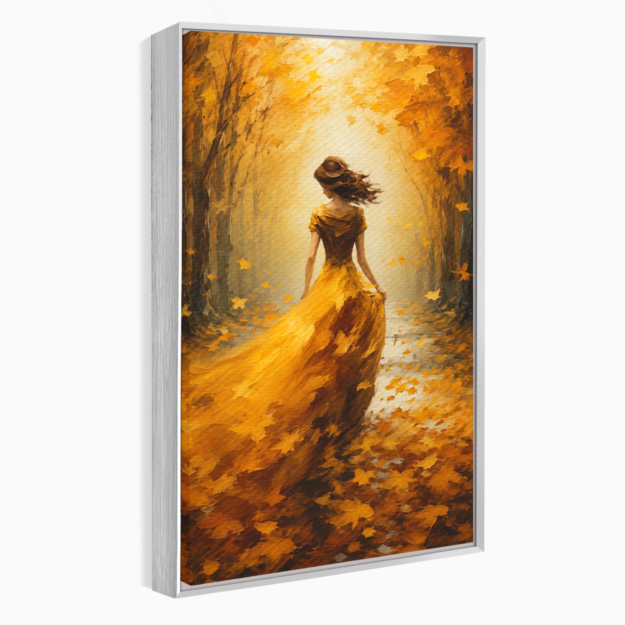 Tablou Canvas Premium LuxCanva® GV1053, Poezia Frunzelor, Femeie, Padure, Toamna, Eleganta, Mister, Living, Dormitor, Culori Vibrante