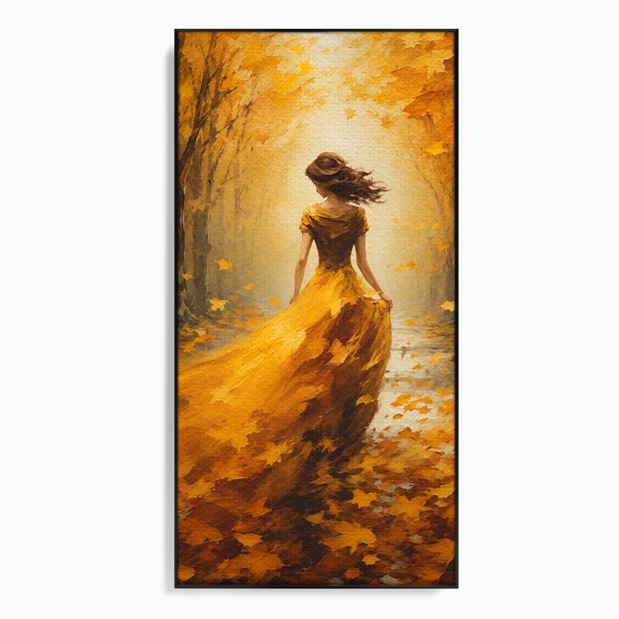 Tablou Canvas Premium LuxCanva® GV1053, Poezia Frunzelor, Femeie, Padure, Toamna, Eleganta, Mister, Living, Dormitor, Culori Vibrante
