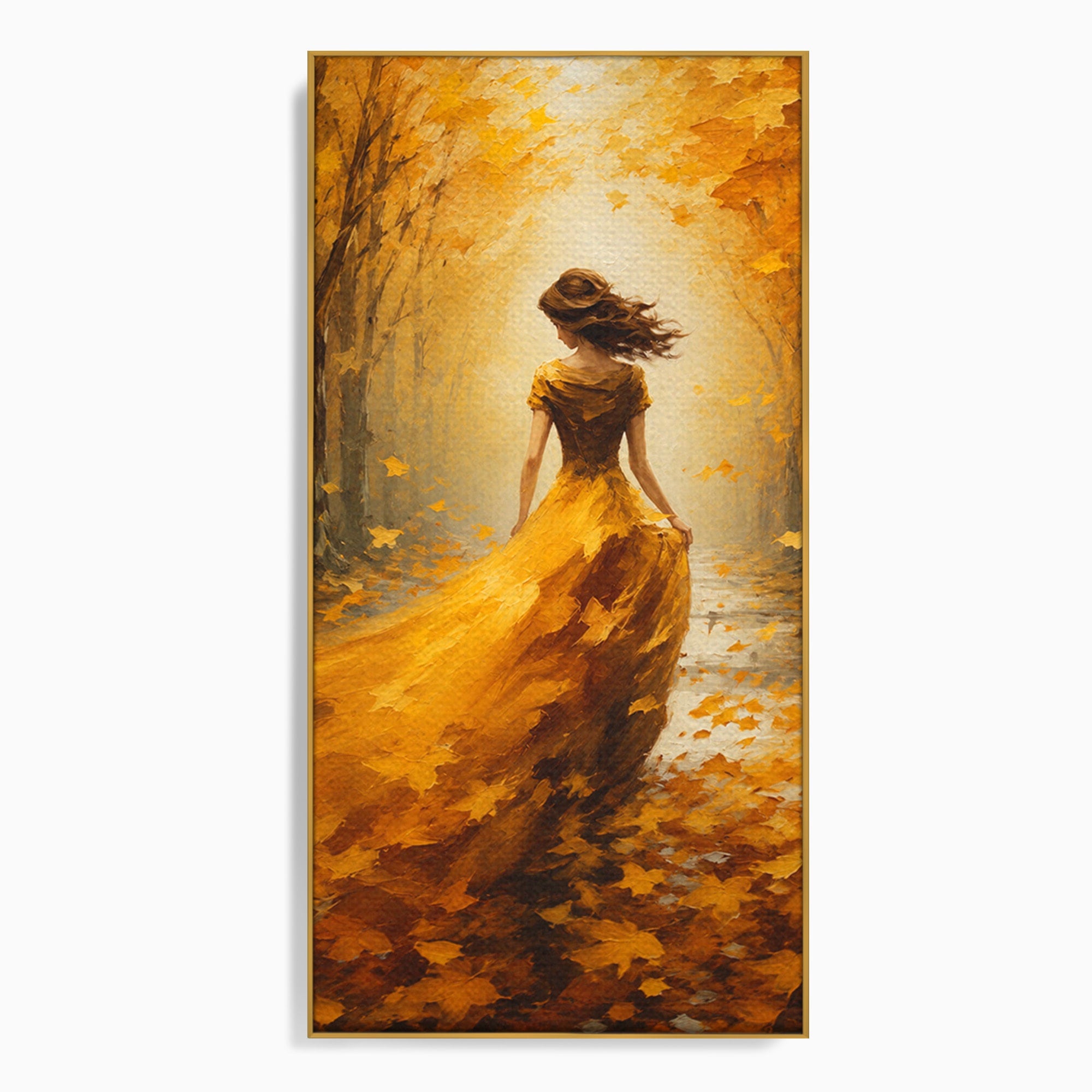 Tablou Canvas Premium LuxCanva® GV1053, Poezia Frunzelor, Femeie, Padure, Toamna, Eleganta, Mister, Living, Dormitor, Culori Vibrante