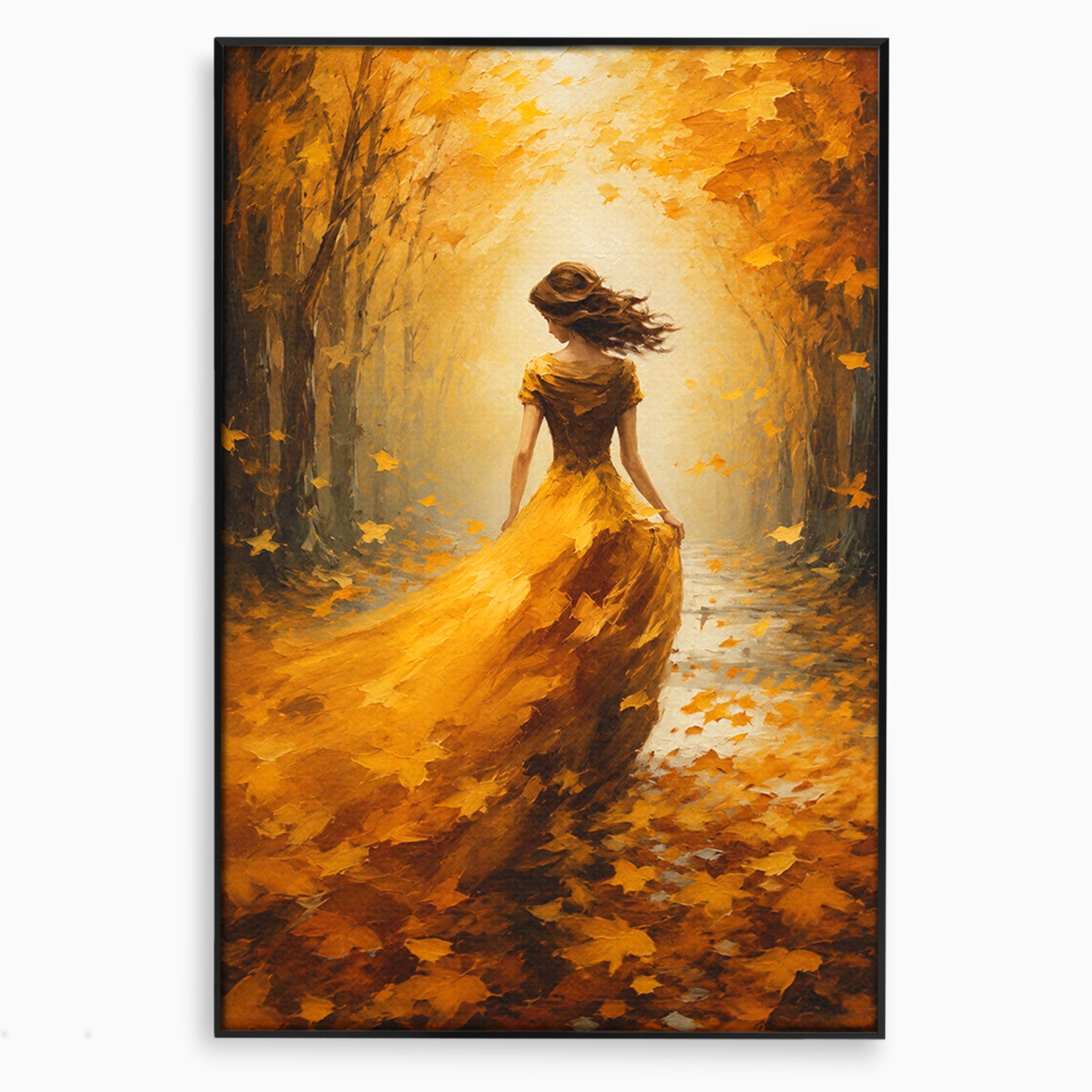 Tablou Canvas Premium LuxCanva® GV1053, Poezia Frunzelor, Femeie, Padure, Toamna, Eleganta, Mister, Living, Dormitor, Culori Vibrante