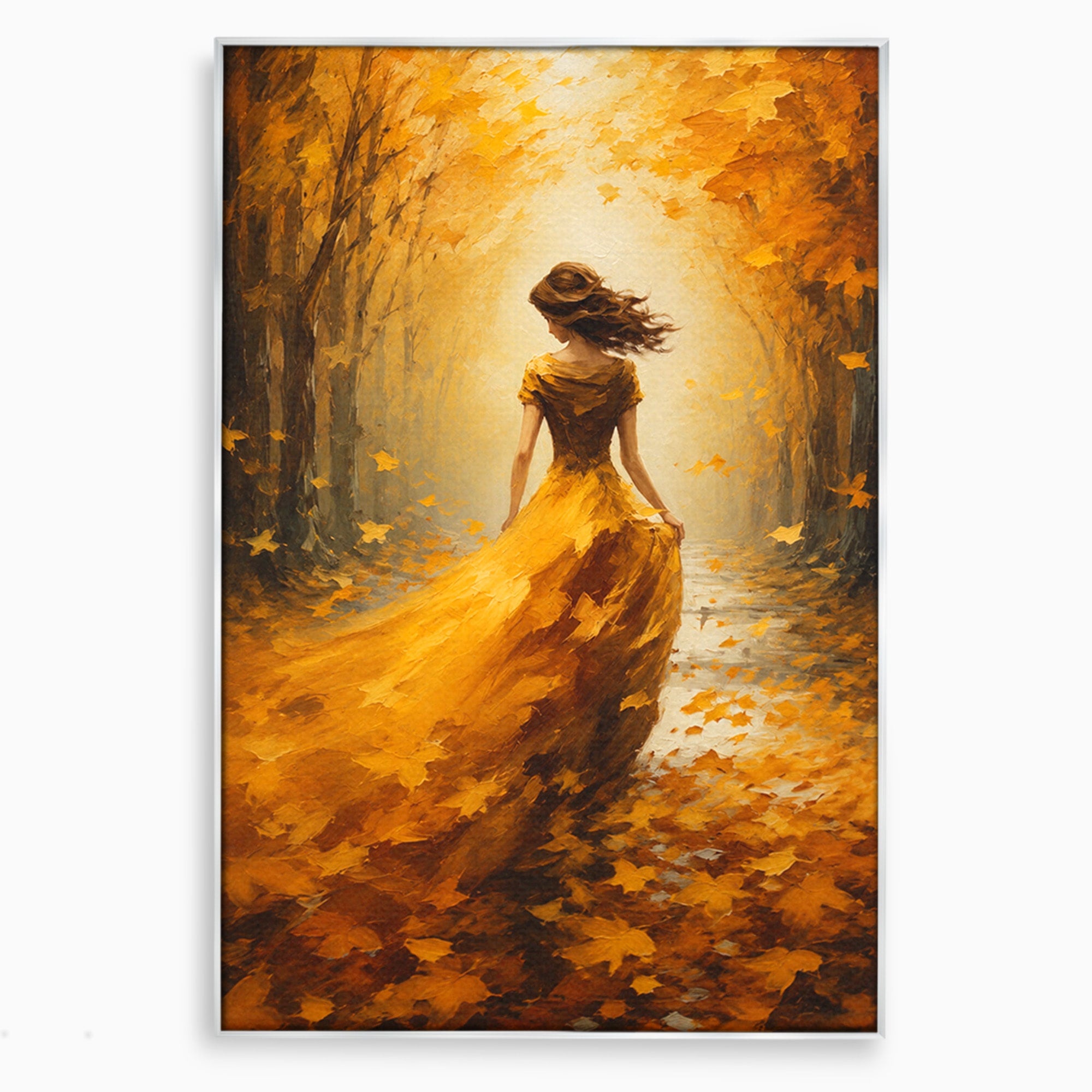 Tablou Canvas Premium LuxCanva® GV1053, Poezia Frunzelor, Femeie, Padure, Toamna, Eleganta, Mister, Living, Dormitor, Culori Vibrante