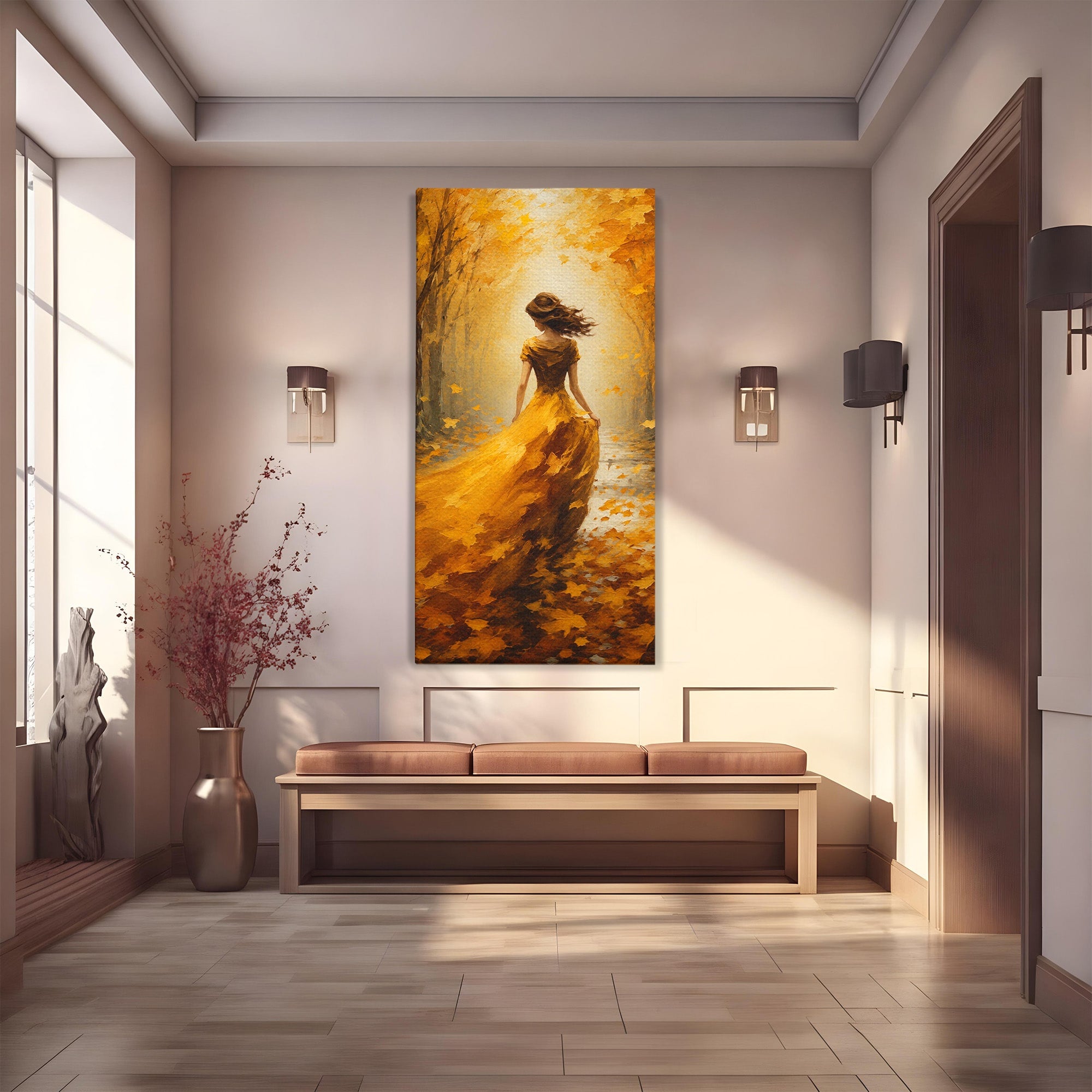 Tablou Canvas Premium LuxCanva® GV1053, Poezia Frunzelor, Femeie, Padure, Toamna, Eleganta, Mister, Living, Dormitor, Culori Vibrante