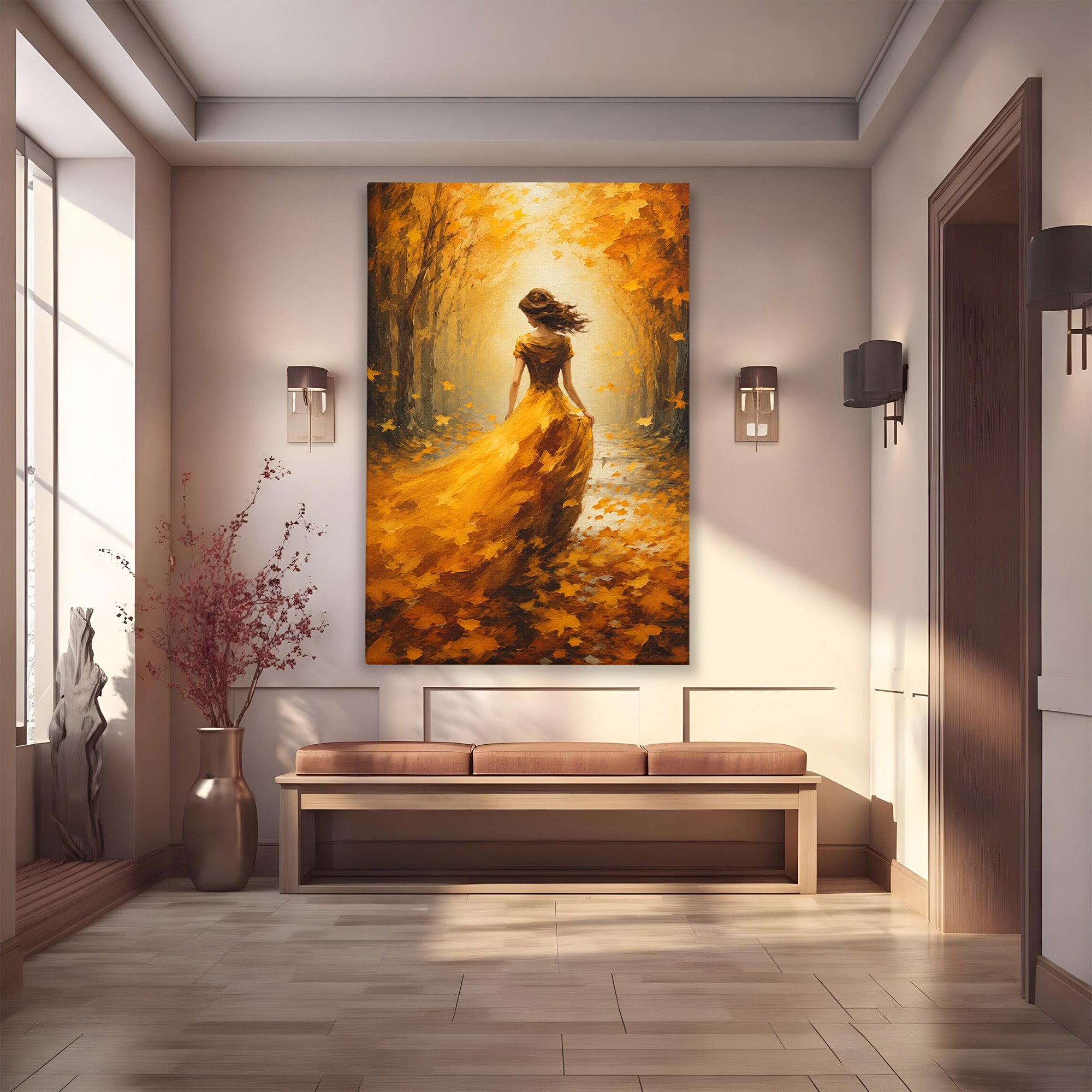 Tablou Canvas Premium LuxCanva® GV1053, Poezia Frunzelor, Femeie, Padure, Toamna, Eleganta, Mister, Living, Dormitor, Culori Vibrante