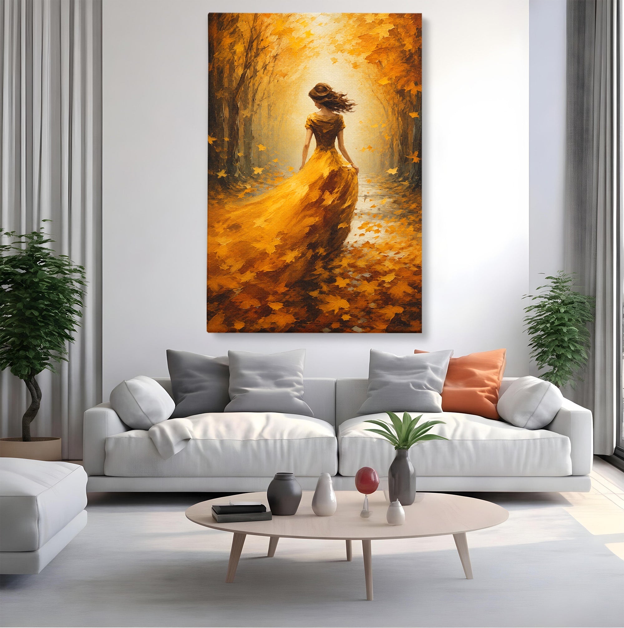 Tablou Canvas Premium LuxCanva® GV1053, Poezia Frunzelor, Femeie, Padure, Toamna, Eleganta, Mister, Living, Dormitor, Culori Vibrante