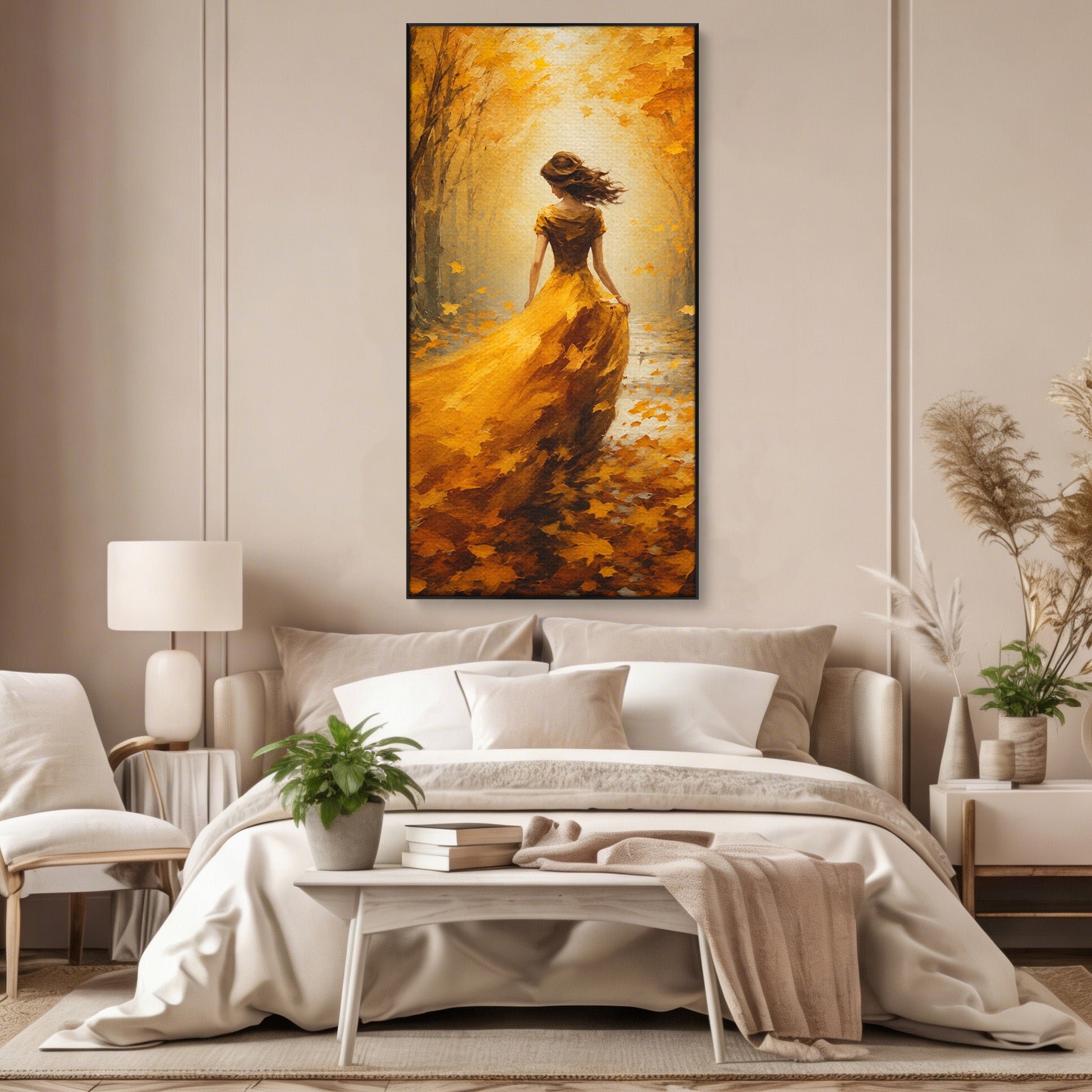 Tablou Canvas Premium LuxCanva® GV1053, Poezia Frunzelor, Femeie, Padure, Toamna, Eleganta, Mister, Living, Dormitor, Culori Vibrante