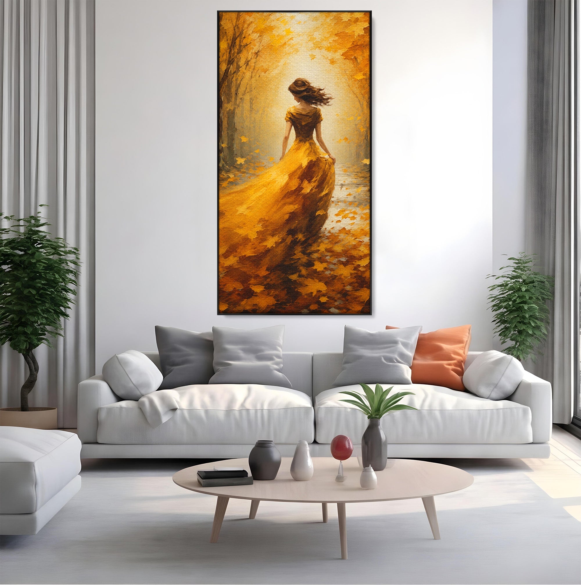 Tablou Canvas Premium LuxCanva® GV1053, Poezia Frunzelor, Femeie, Padure, Toamna, Eleganta, Mister, Living, Dormitor, Culori Vibrante