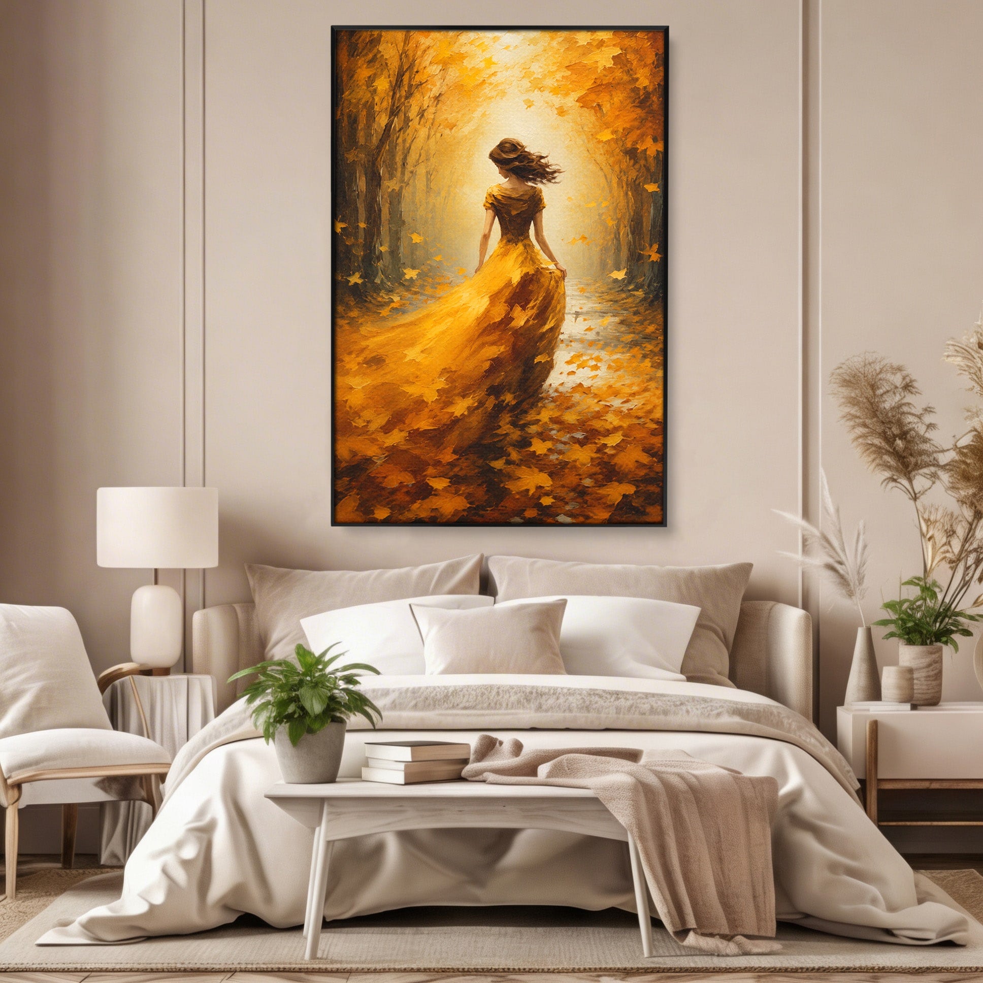 Tablou Canvas Premium LuxCanva® GV1053, Poezia Frunzelor, Femeie, Padure, Toamna, Eleganta, Mister, Living, Dormitor, Culori Vibrante