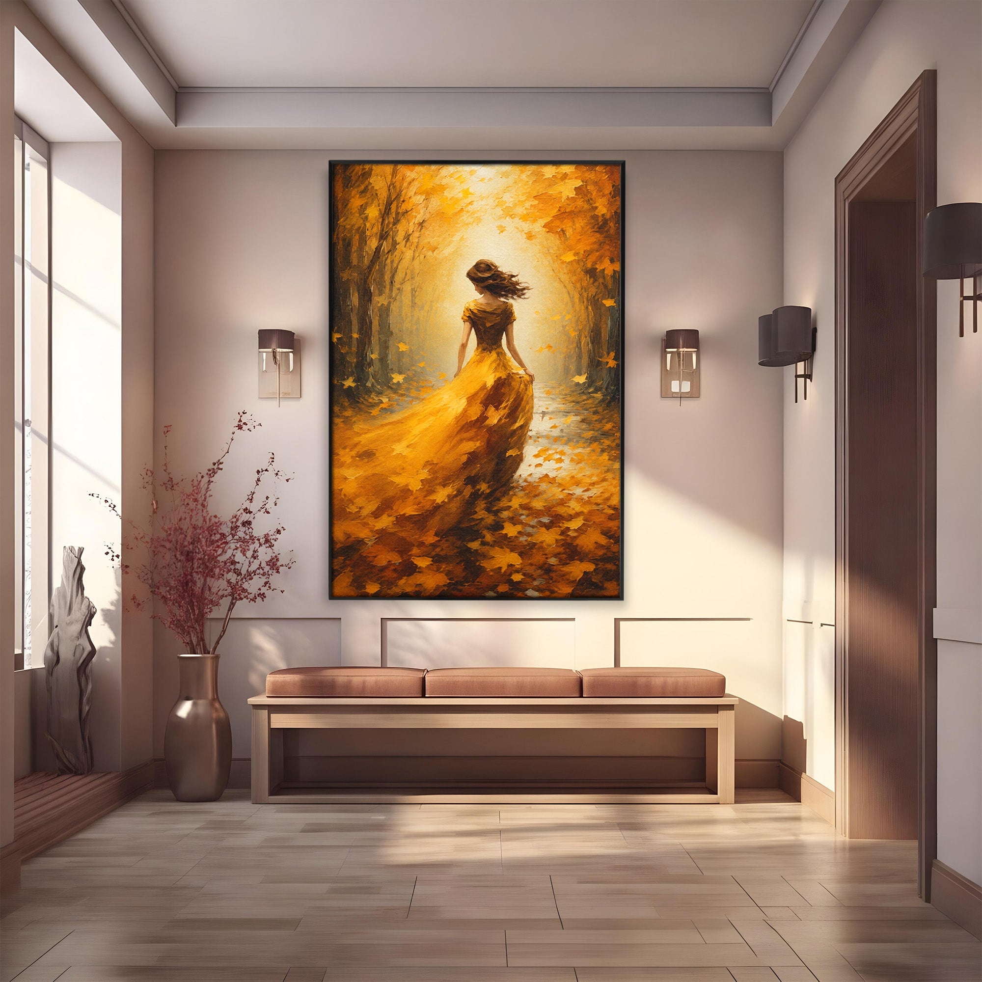 Tablou Canvas Premium LuxCanva® GV1053, Poezia Frunzelor, Femeie, Padure, Toamna, Eleganta, Mister, Living, Dormitor, Culori Vibrante