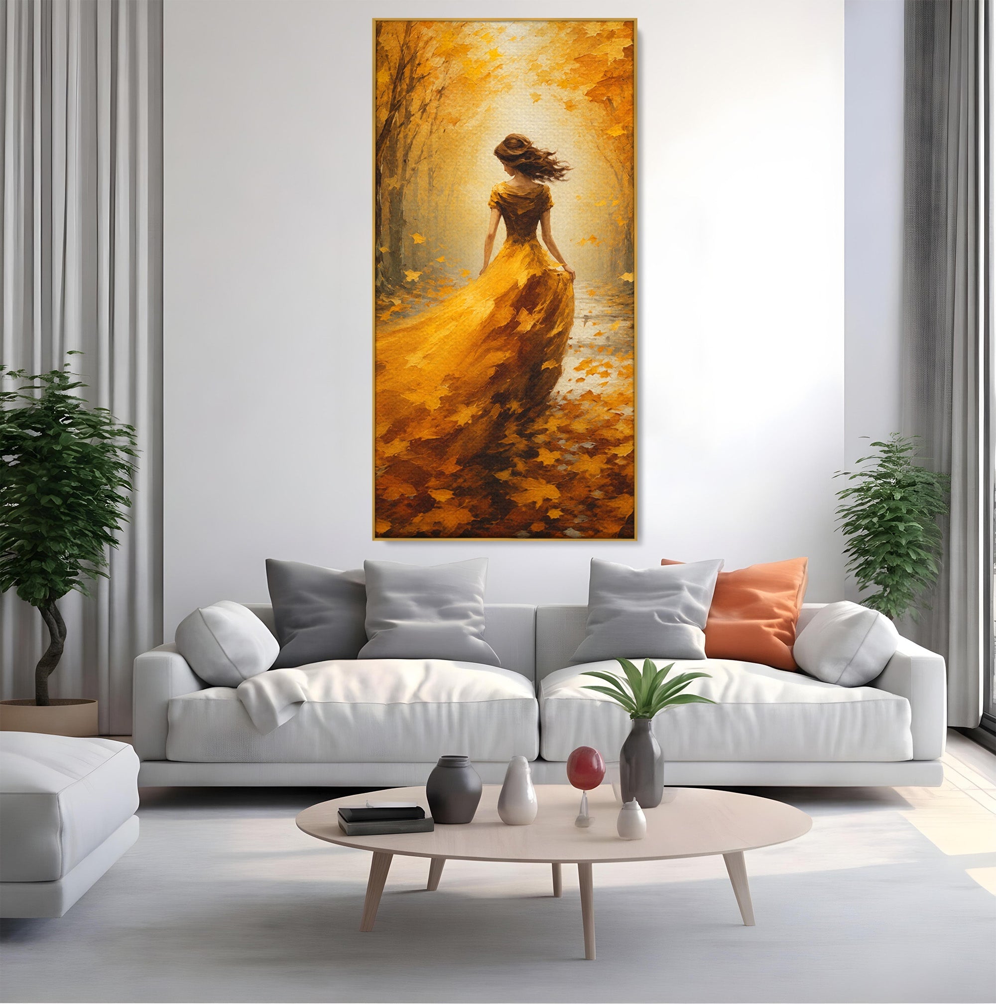 Tablou Canvas Premium LuxCanva® GV1053, Poezia Frunzelor, Femeie, Padure, Toamna, Eleganta, Mister, Living, Dormitor, Culori Vibrante