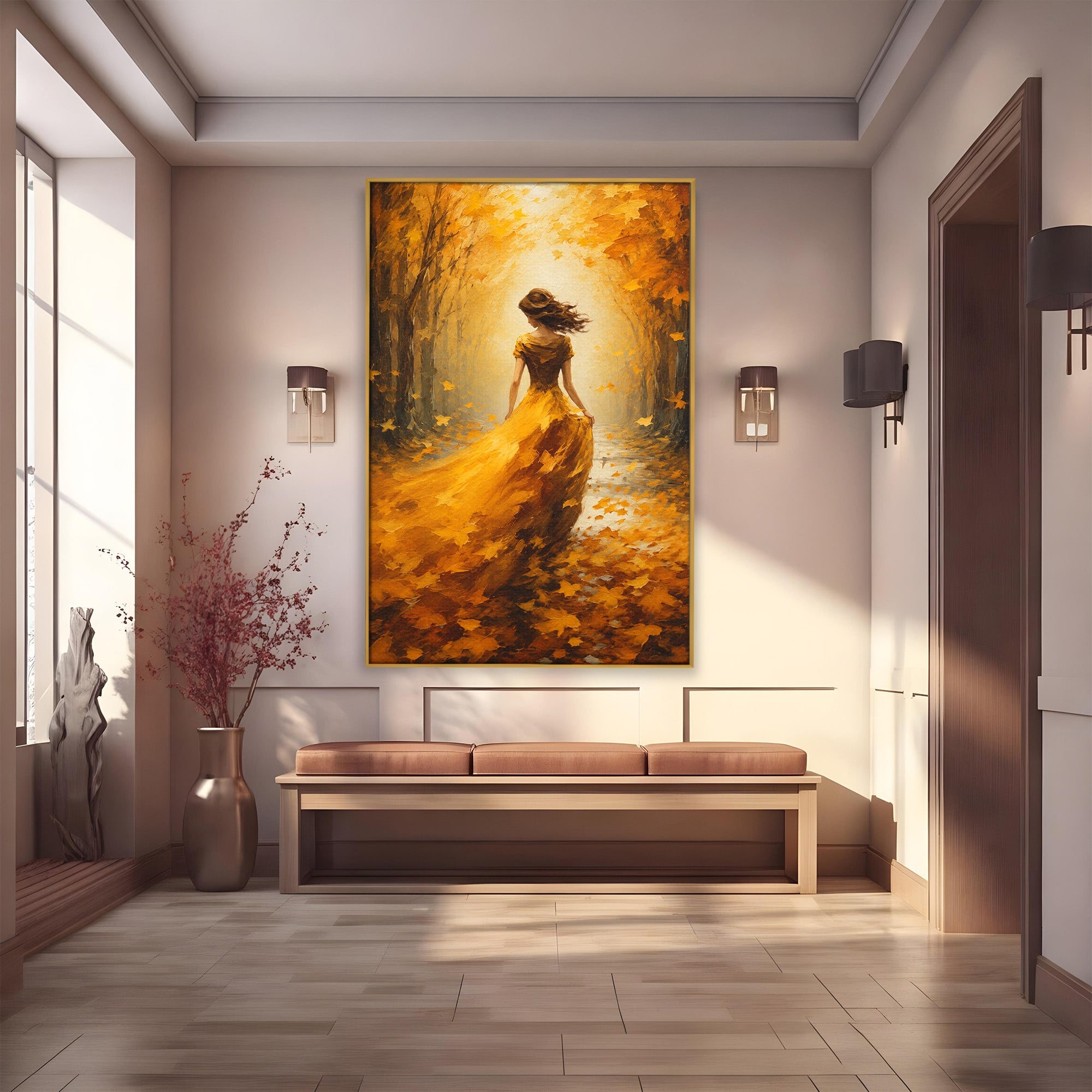Tablou Canvas Premium LuxCanva® GV1053, Poezia Frunzelor, Femeie, Padure, Toamna, Eleganta, Mister, Living, Dormitor, Culori Vibrante