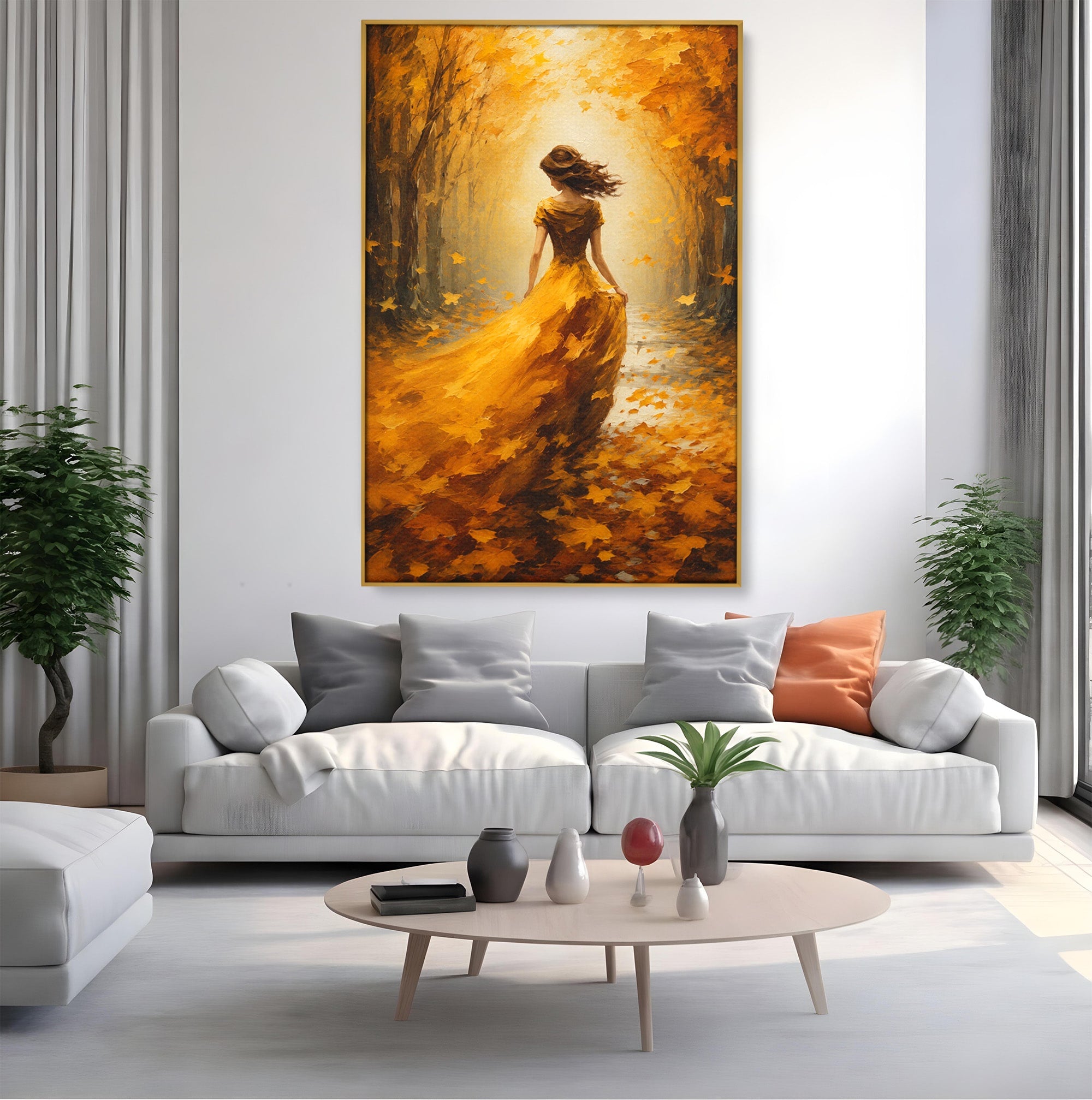 Tablou Canvas Premium LuxCanva® GV1053, Poezia Frunzelor, Femeie, Padure, Toamna, Eleganta, Mister, Living, Dormitor, Culori Vibrante