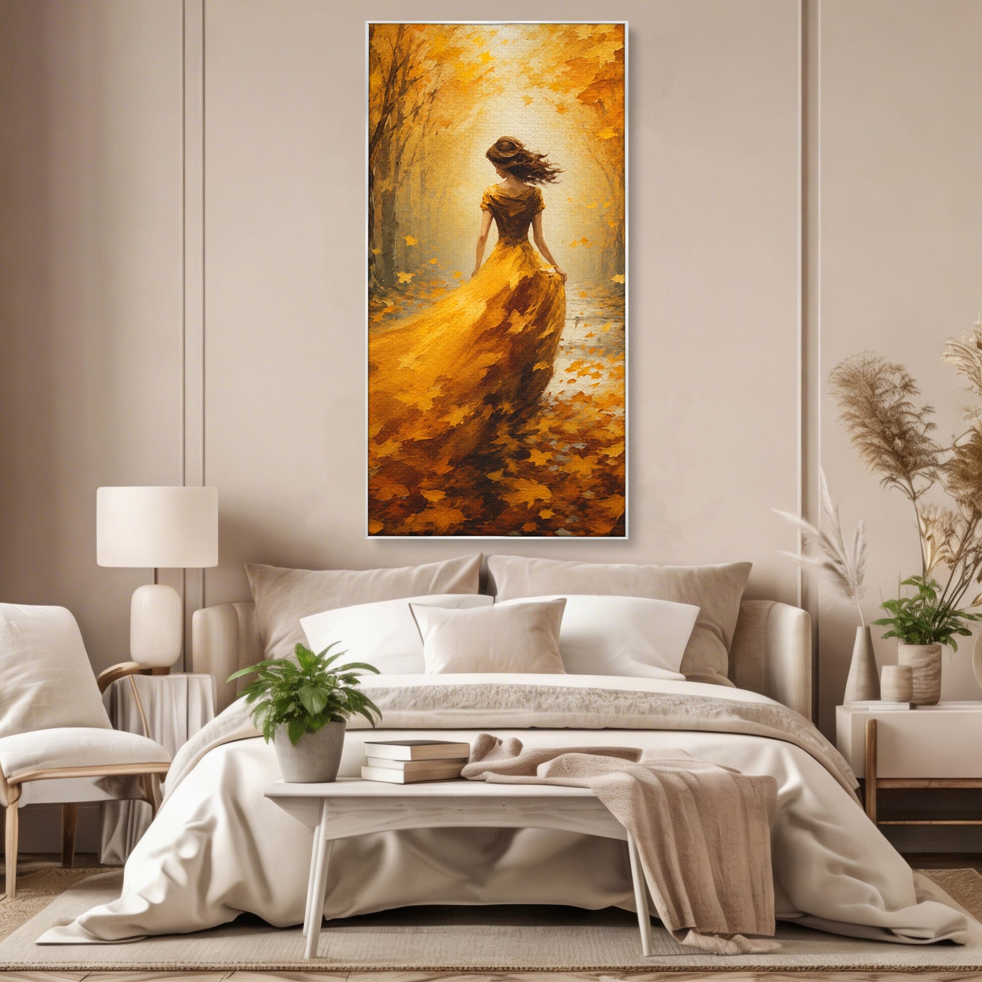 Tablou Canvas Premium LuxCanva® GV1053, Poezia Frunzelor, Femeie, Padure, Toamna, Eleganta, Mister, Living, Dormitor, Culori Vibrante