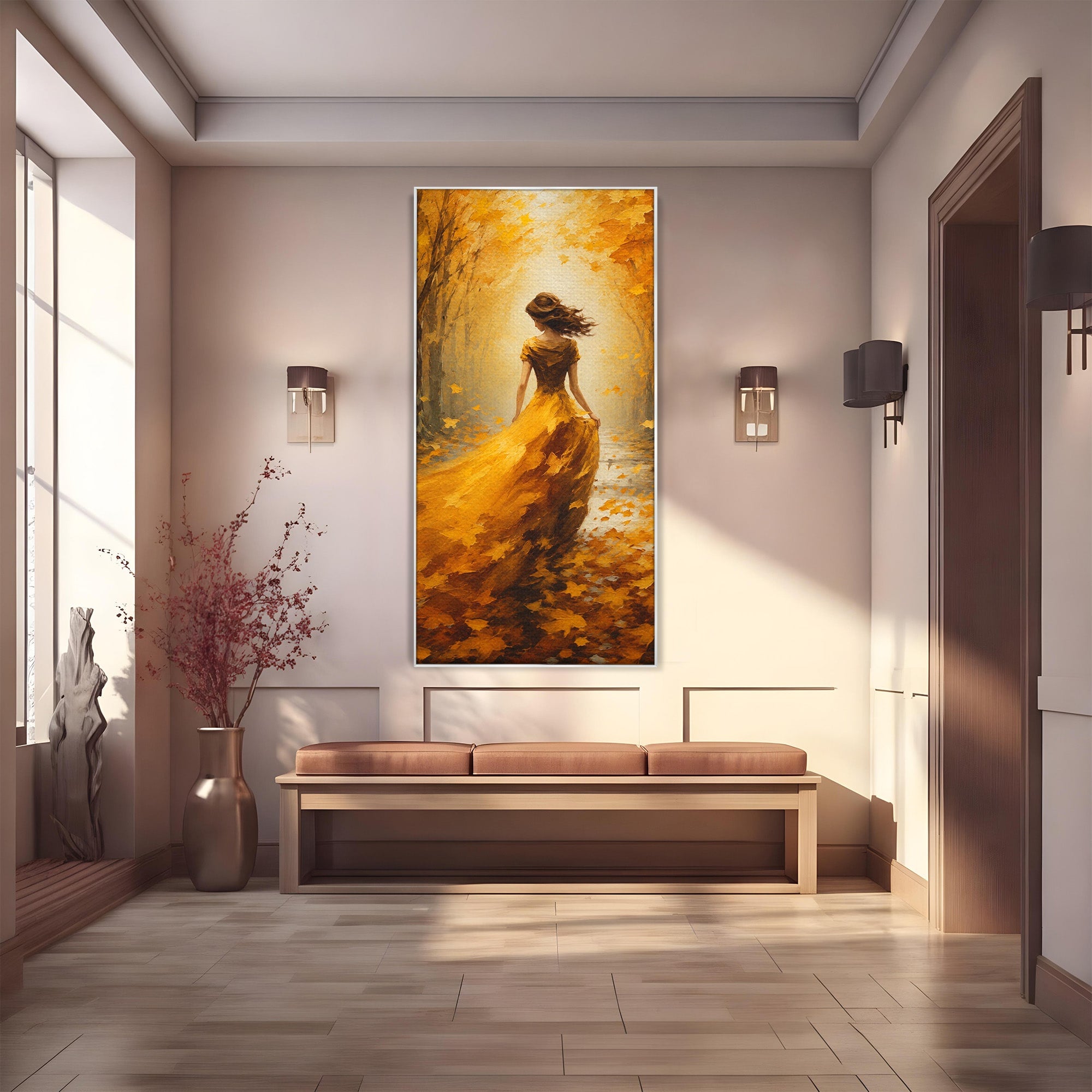 Tablou Canvas Premium LuxCanva® GV1053, Poezia Frunzelor, Femeie, Padure, Toamna, Eleganta, Mister, Living, Dormitor, Culori Vibrante