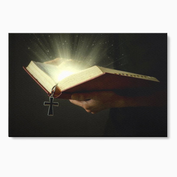 Leinwand Wandkunst Leinwand Wandkunst Premium LuxCanva® H1009, Bibel und Heiliges Licht , Bibel, Licht, Kreuz, Wahrheit, Heilig, Erlösung, Seele, Göttlich, Wohnen, Schlafzimmer