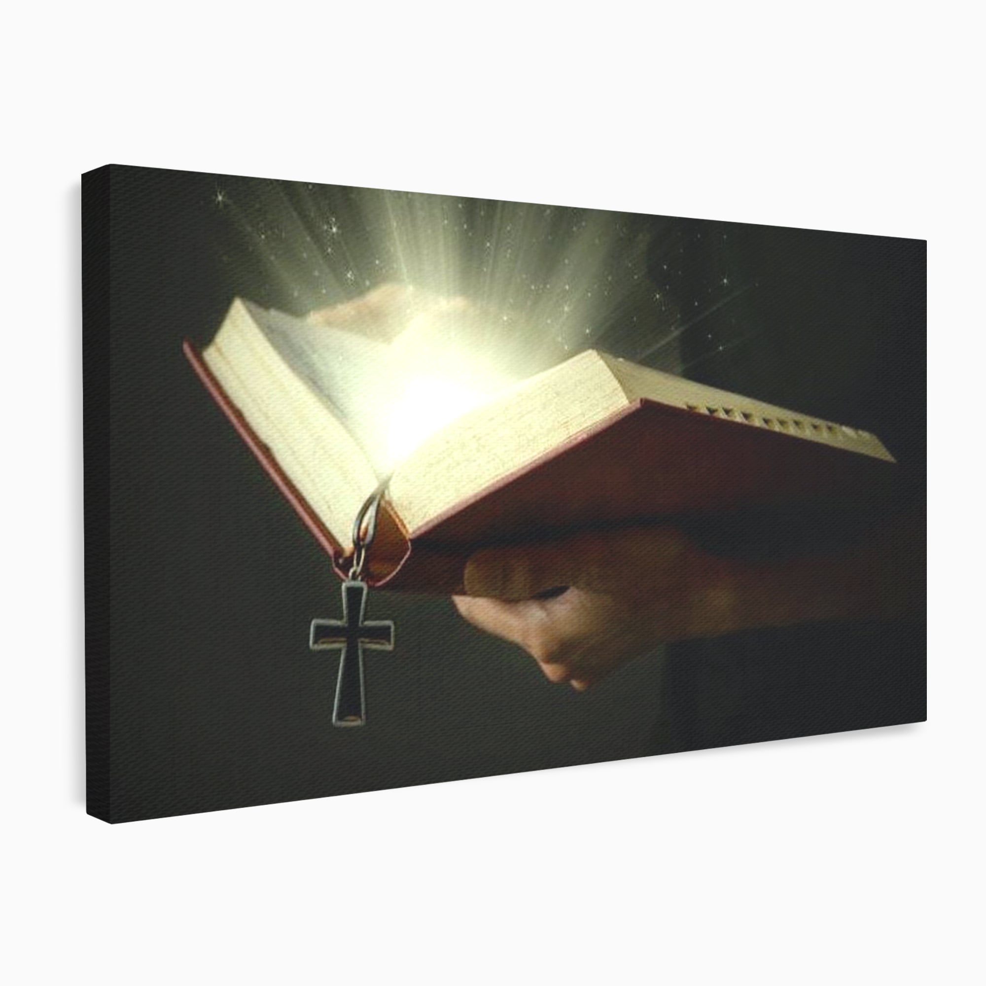 Leinwand Wandkunst Leinwand Wandkunst Premium LuxCanva® H1009, Bibel und Heiliges Licht , Bibel, Licht, Kreuz, Wahrheit, Heilig, Erlösung, Seele, Göttlich, Wohnen, Schlafzimmer