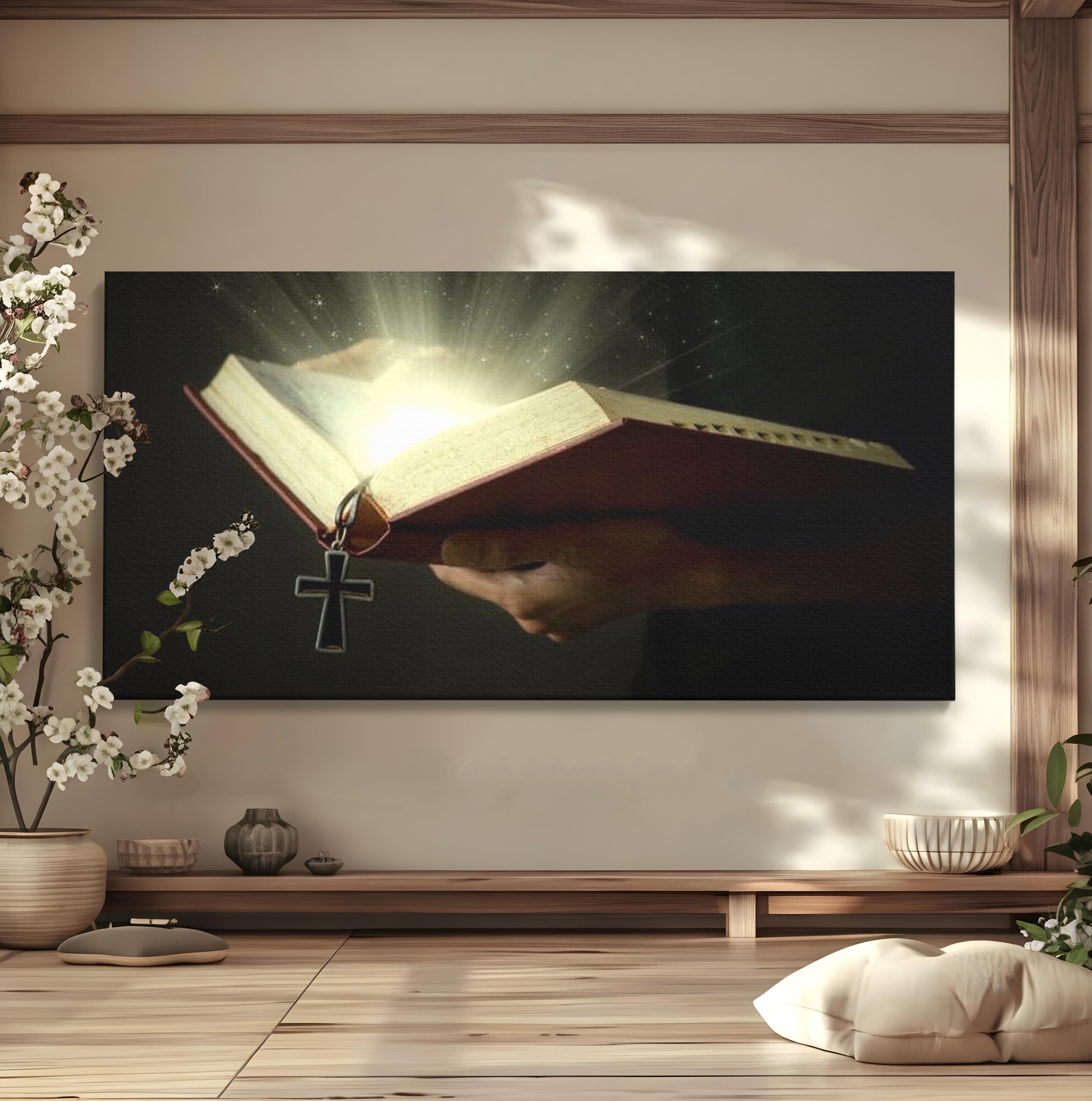 Leinwand Wandkunst Leinwand Wandkunst Premium LuxCanva® H1009, Bibel und Heiliges Licht , Bibel, Licht, Kreuz, Wahrheit, Heilig, Erlösung, Seele, Göttlich, Wohnen, Schlafzimmer