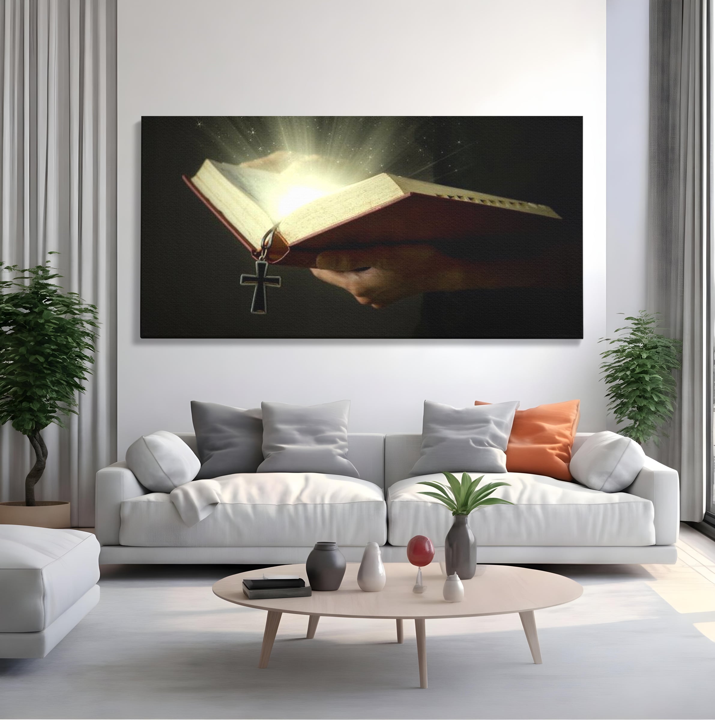 Leinwand Wandkunst Leinwand Wandkunst Premium LuxCanva® H1009, Bibel und Heiliges Licht , Bibel, Licht, Kreuz, Wahrheit, Heilig, Erlösung, Seele, Göttlich, Wohnen, Schlafzimmer