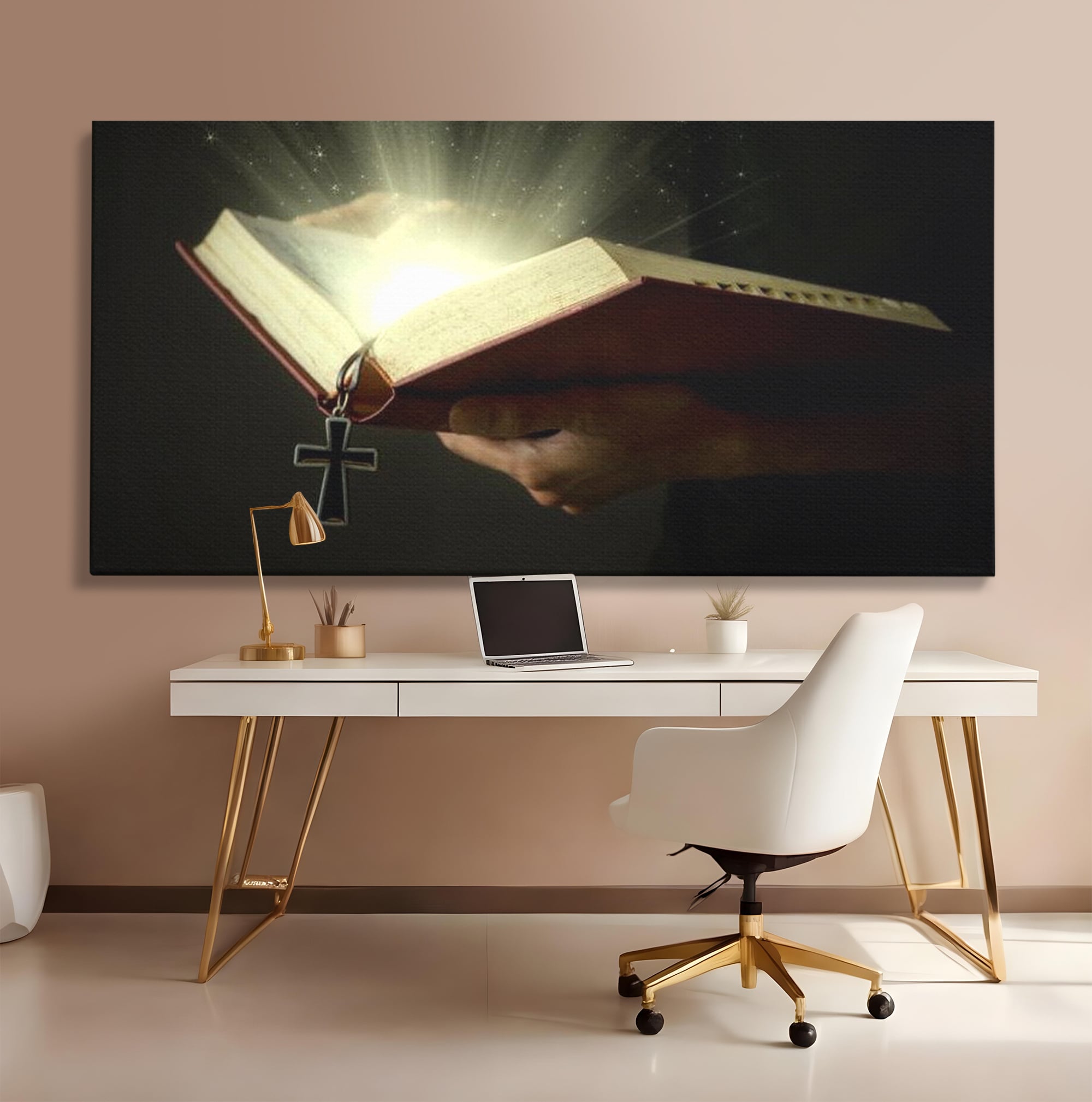 Leinwand Wandkunst Leinwand Wandkunst Premium LuxCanva® H1009, Bibel und Heiliges Licht , Bibel, Licht, Kreuz, Wahrheit, Heilig, Erlösung, Seele, Göttlich, Wohnen, Schlafzimmer