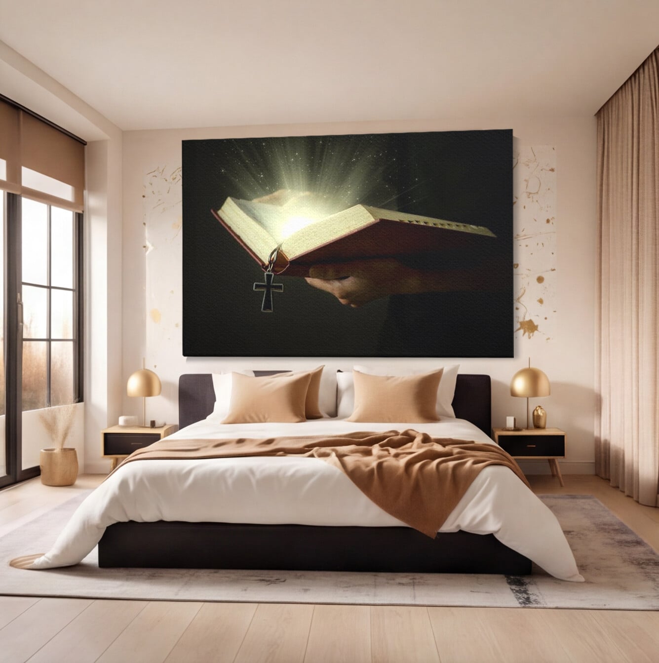Leinwand Wandkunst Leinwand Wandkunst Premium LuxCanva® H1009, Bibel und Heiliges Licht , Bibel, Licht, Kreuz, Wahrheit, Heilig, Erlösung, Seele, Göttlich, Wohnen, Schlafzimmer