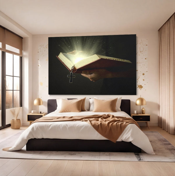 Leinwand Wandkunst Leinwand Wandkunst Premium LuxCanva® H1009, Bibel und Heiliges Licht , Bibel, Licht, Kreuz, Wahrheit, Heilig, Erlösung, Seele, Göttlich, Wohnen, Schlafzimmer