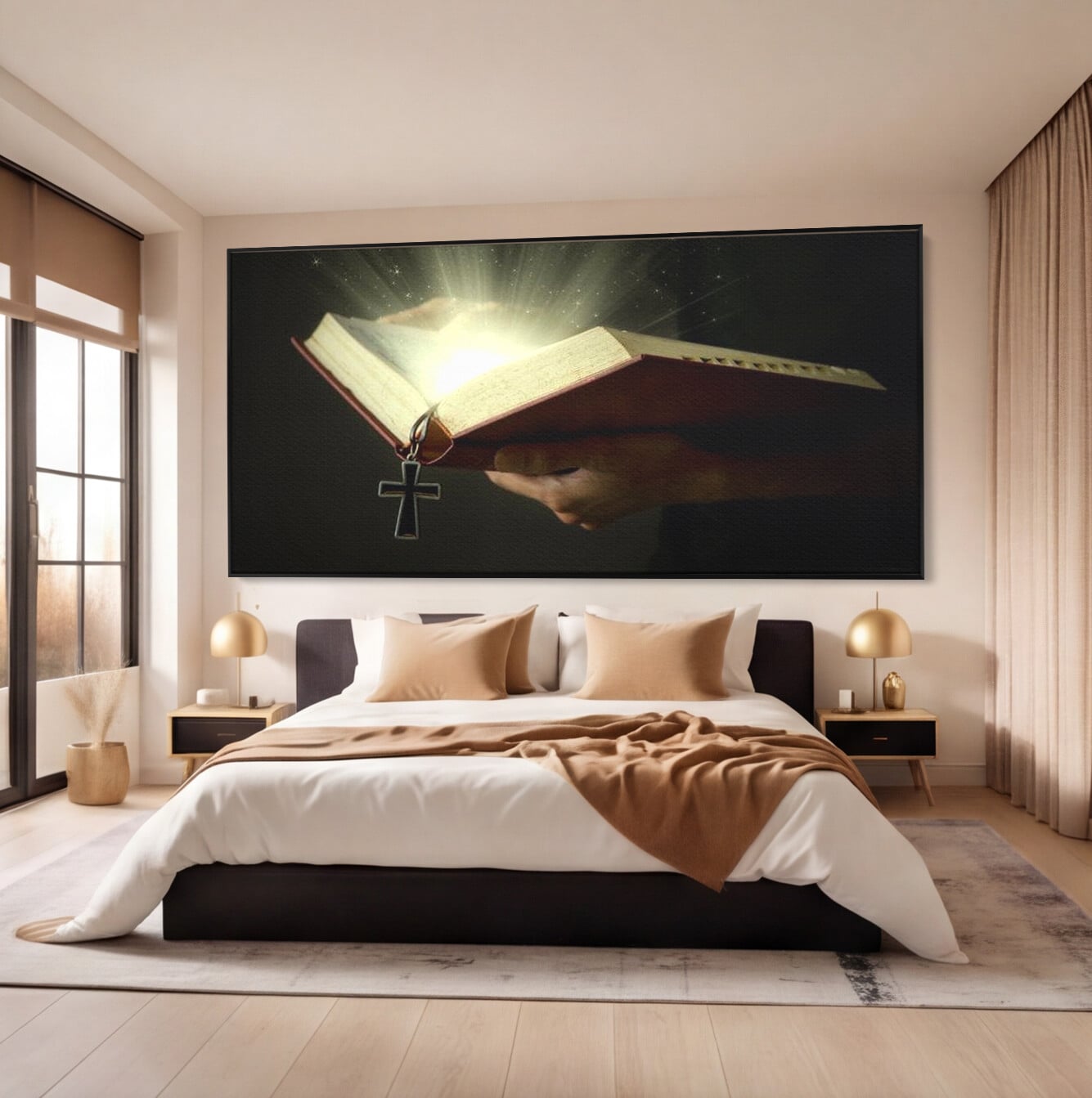 Leinwand Wandkunst Leinwand Wandkunst Premium LuxCanva® H1009, Bibel und Heiliges Licht , Bibel, Licht, Kreuz, Wahrheit, Heilig, Erlösung, Seele, Göttlich, Wohnen, Schlafzimmer