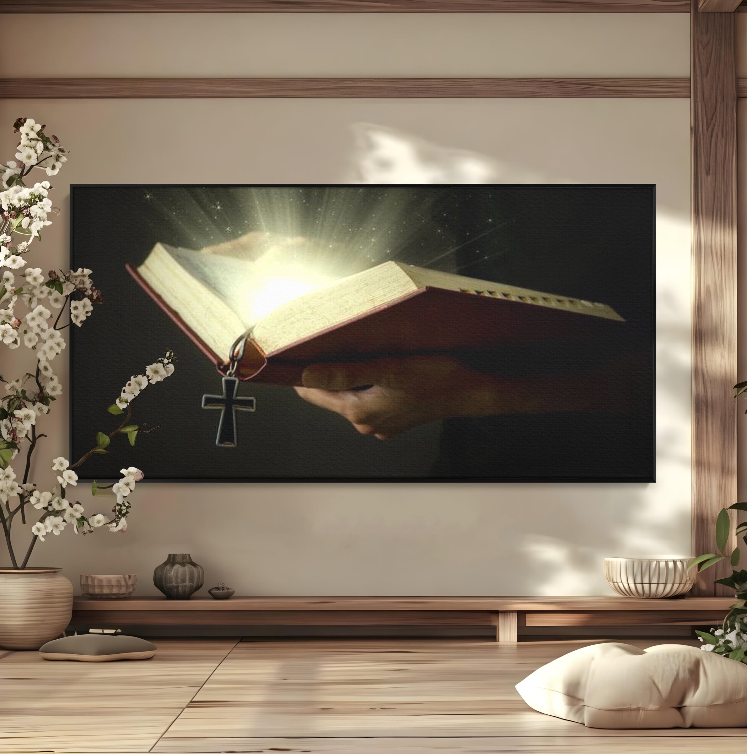 Leinwand Wandkunst Leinwand Wandkunst Premium LuxCanva® H1009, Bibel und Heiliges Licht , Bibel, Licht, Kreuz, Wahrheit, Heilig, Erlösung, Seele, Göttlich, Wohnen, Schlafzimmer