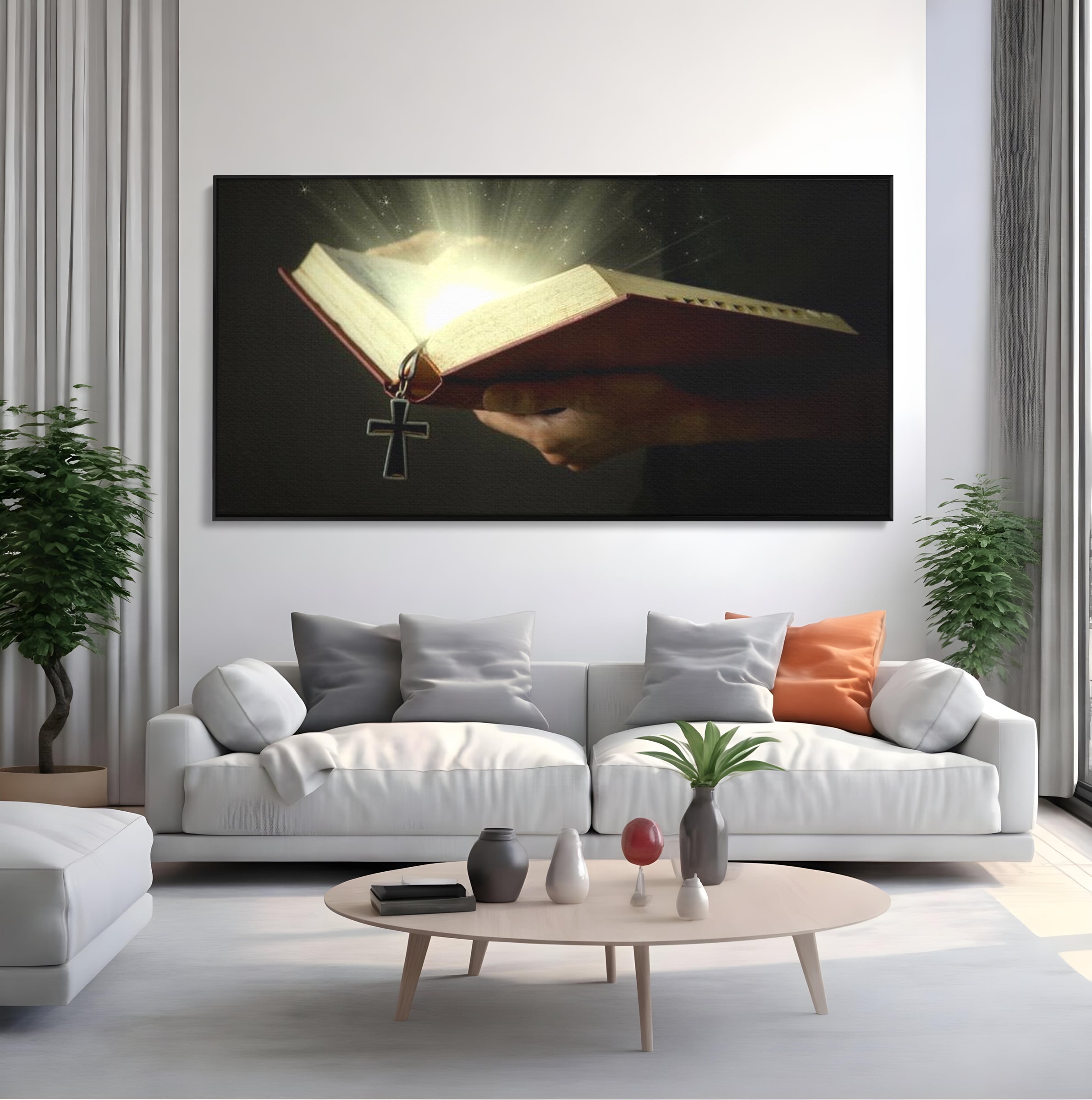 Leinwand Wandkunst Leinwand Wandkunst Premium LuxCanva® H1009, Bibel und Heiliges Licht , Bibel, Licht, Kreuz, Wahrheit, Heilig, Erlösung, Seele, Göttlich, Wohnen, Schlafzimmer