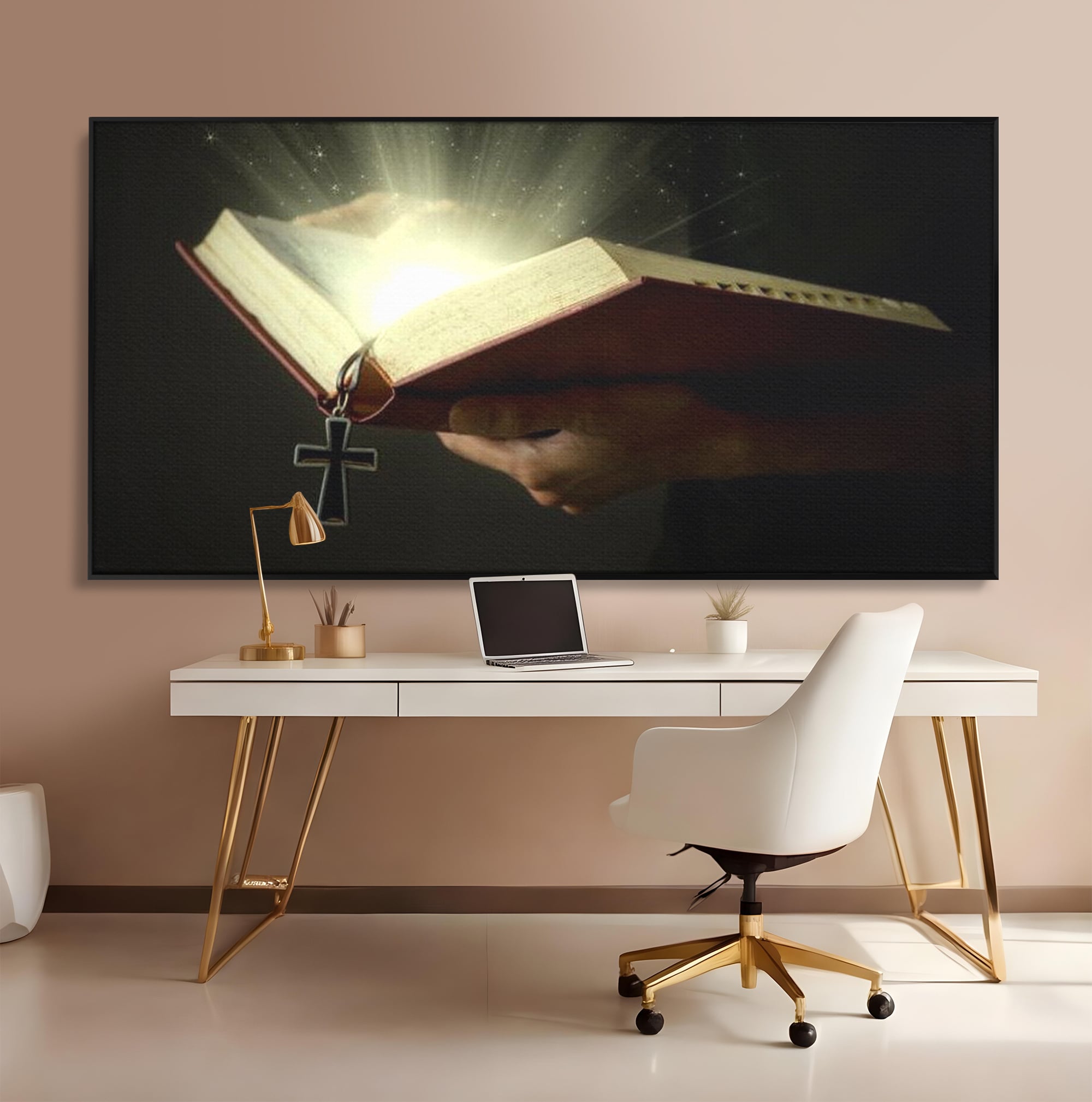 Leinwand Wandkunst Leinwand Wandkunst Premium LuxCanva® H1009, Bibel und Heiliges Licht , Bibel, Licht, Kreuz, Wahrheit, Heilig, Erlösung, Seele, Göttlich, Wohnen, Schlafzimmer