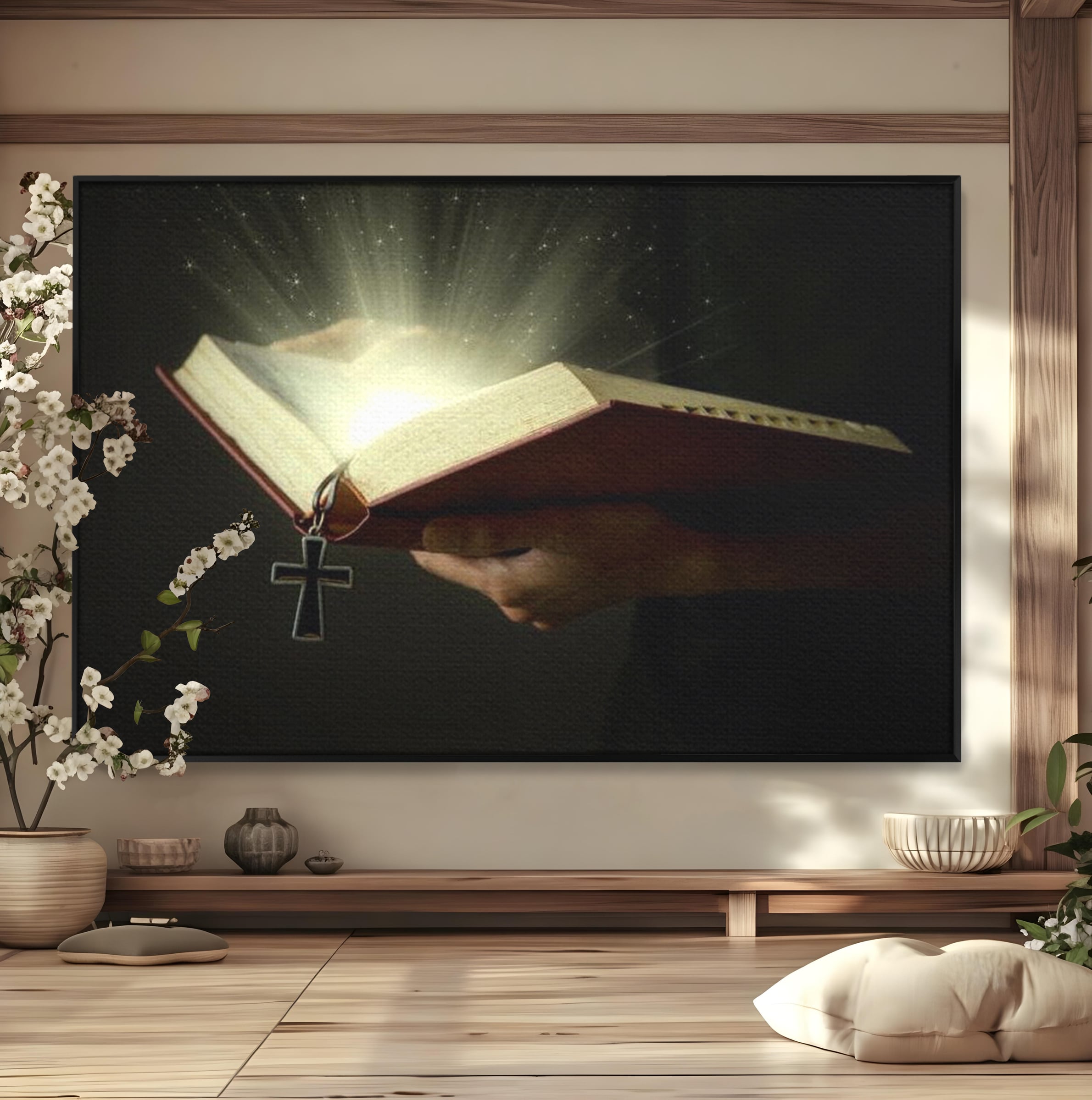 Leinwand Wandkunst Leinwand Wandkunst Premium LuxCanva® H1009, Bibel und Heiliges Licht , Bibel, Licht, Kreuz, Wahrheit, Heilig, Erlösung, Seele, Göttlich, Wohnen, Schlafzimmer