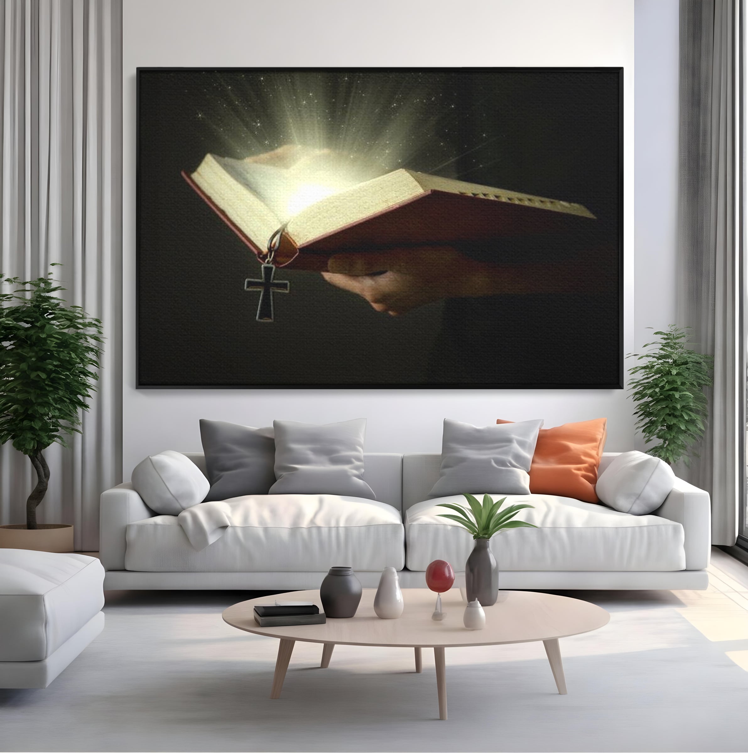 Leinwand Wandkunst Leinwand Wandkunst Premium LuxCanva® H1009, Bibel und Heiliges Licht , Bibel, Licht, Kreuz, Wahrheit, Heilig, Erlösung, Seele, Göttlich, Wohnen, Schlafzimmer