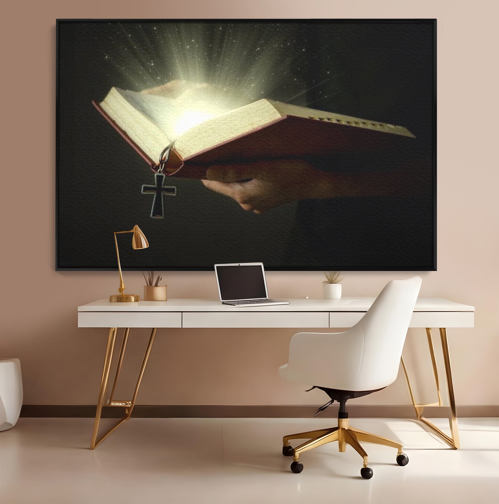 Leinwand Wandkunst Leinwand Wandkunst Premium LuxCanva® H1009, Bibel und Heiliges Licht , Bibel, Licht, Kreuz, Wahrheit, Heilig, Erlösung, Seele, Göttlich, Wohnen, Schlafzimmer