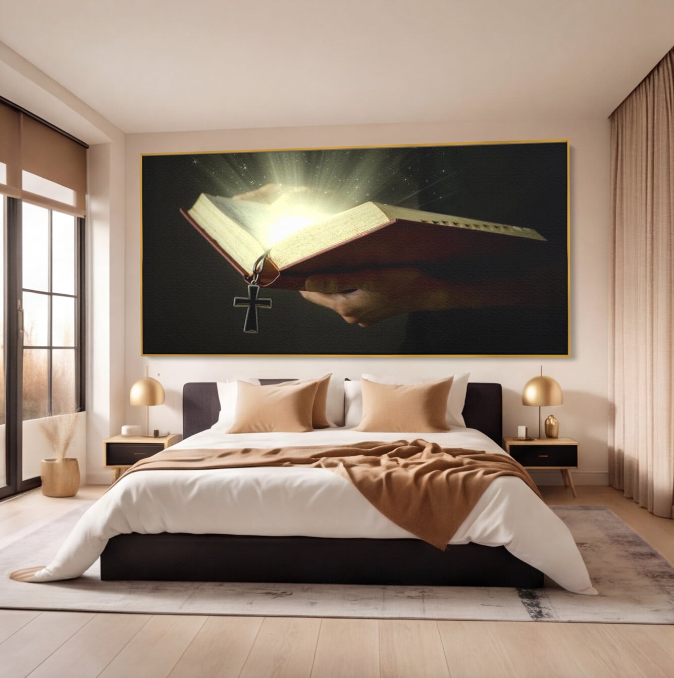 Leinwand Wandkunst Leinwand Wandkunst Premium LuxCanva® H1009, Bibel und Heiliges Licht , Bibel, Licht, Kreuz, Wahrheit, Heilig, Erlösung, Seele, Göttlich, Wohnen, Schlafzimmer