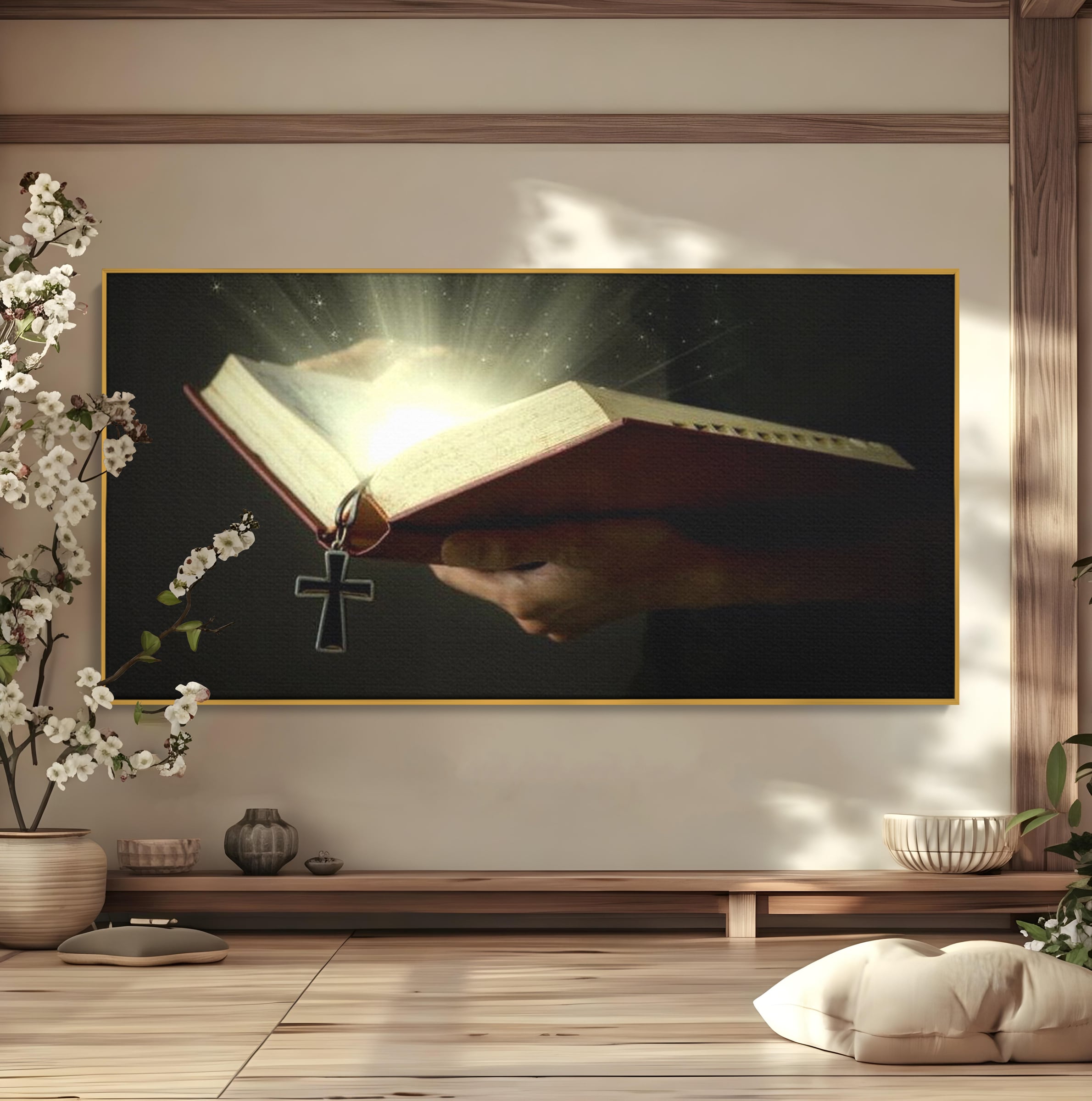 Leinwand Wandkunst Leinwand Wandkunst Premium LuxCanva® H1009, Bibel und Heiliges Licht , Bibel, Licht, Kreuz, Wahrheit, Heilig, Erlösung, Seele, Göttlich, Wohnen, Schlafzimmer