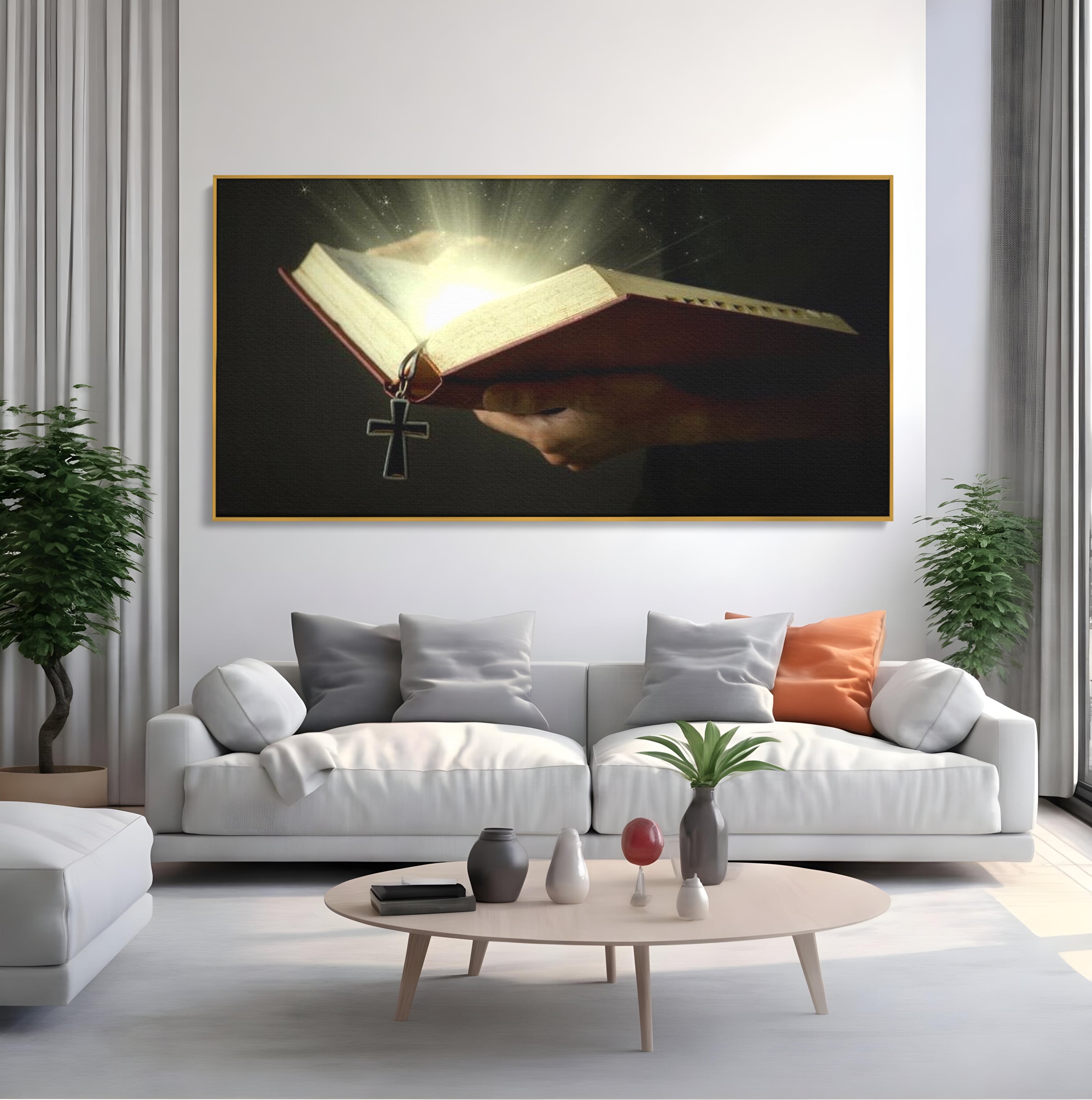Leinwand Wandkunst Leinwand Wandkunst Premium LuxCanva® H1009, Bibel und Heiliges Licht , Bibel, Licht, Kreuz, Wahrheit, Heilig, Erlösung, Seele, Göttlich, Wohnen, Schlafzimmer