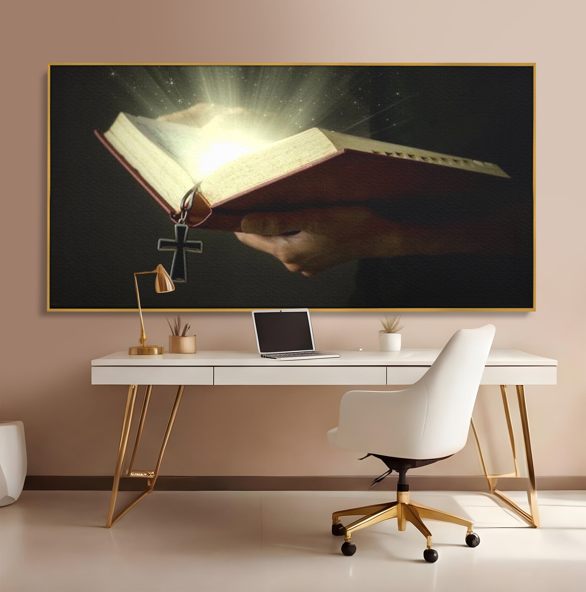 Leinwand Wandkunst Leinwand Wandkunst Premium LuxCanva® H1009, Bibel und Heiliges Licht , Bibel, Licht, Kreuz, Wahrheit, Heilig, Erlösung, Seele, Göttlich, Wohnen, Schlafzimmer