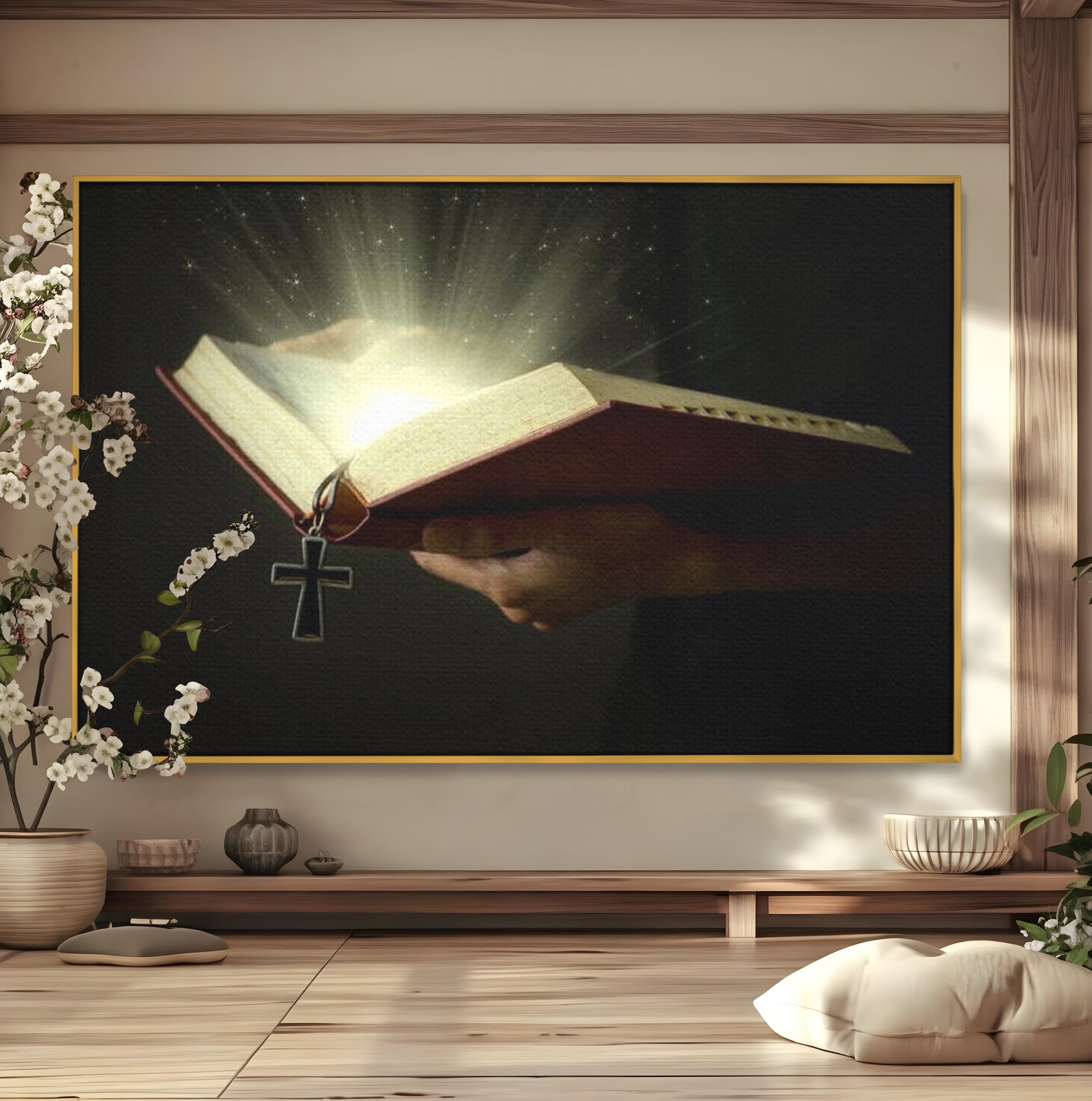 Leinwand Wandkunst Leinwand Wandkunst Premium LuxCanva® H1009, Bibel und Heiliges Licht , Bibel, Licht, Kreuz, Wahrheit, Heilig, Erlösung, Seele, Göttlich, Wohnen, Schlafzimmer